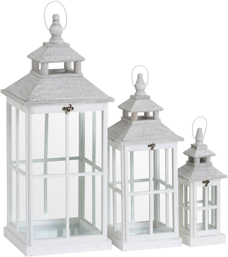 Set Of 3 White Window Style Lanterns with Open Top
