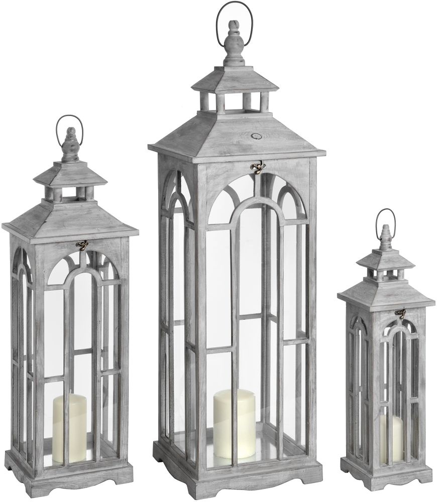Set Of 3 Wooden Lanterns with Archway Design