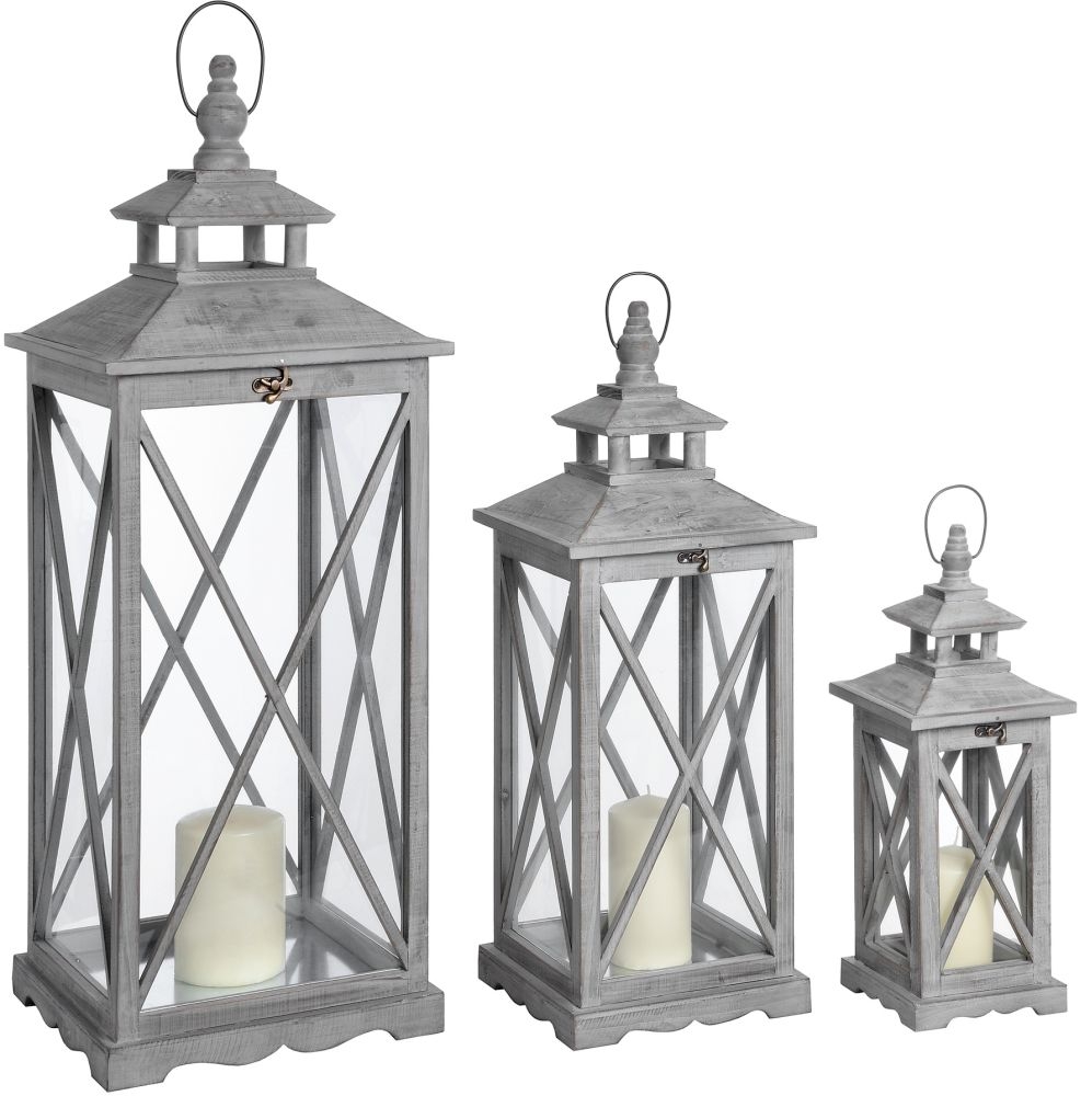 Wooden Lanterns - Set of 3 - Traditional Cross Section