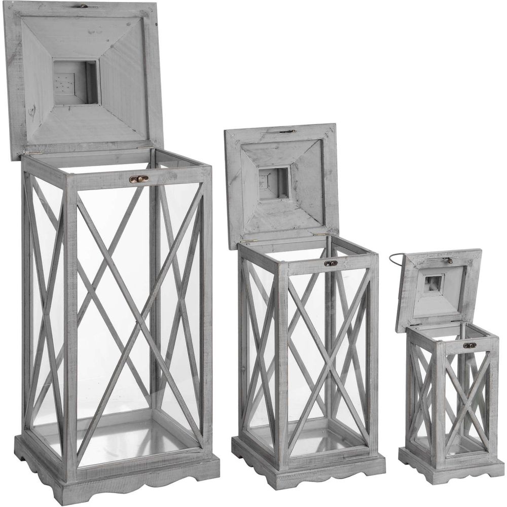 Set Of 3 Wooden Lanterns with Traditional Cross Section