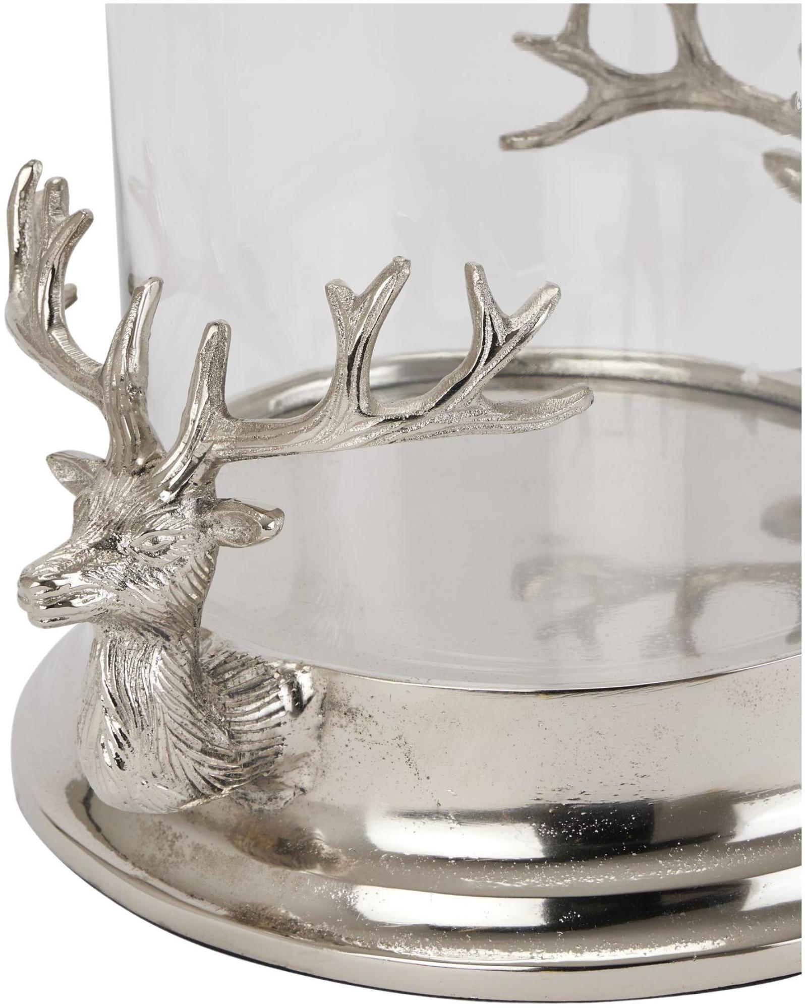 Hurricane Lantern - Silver Metal - Stag Heads