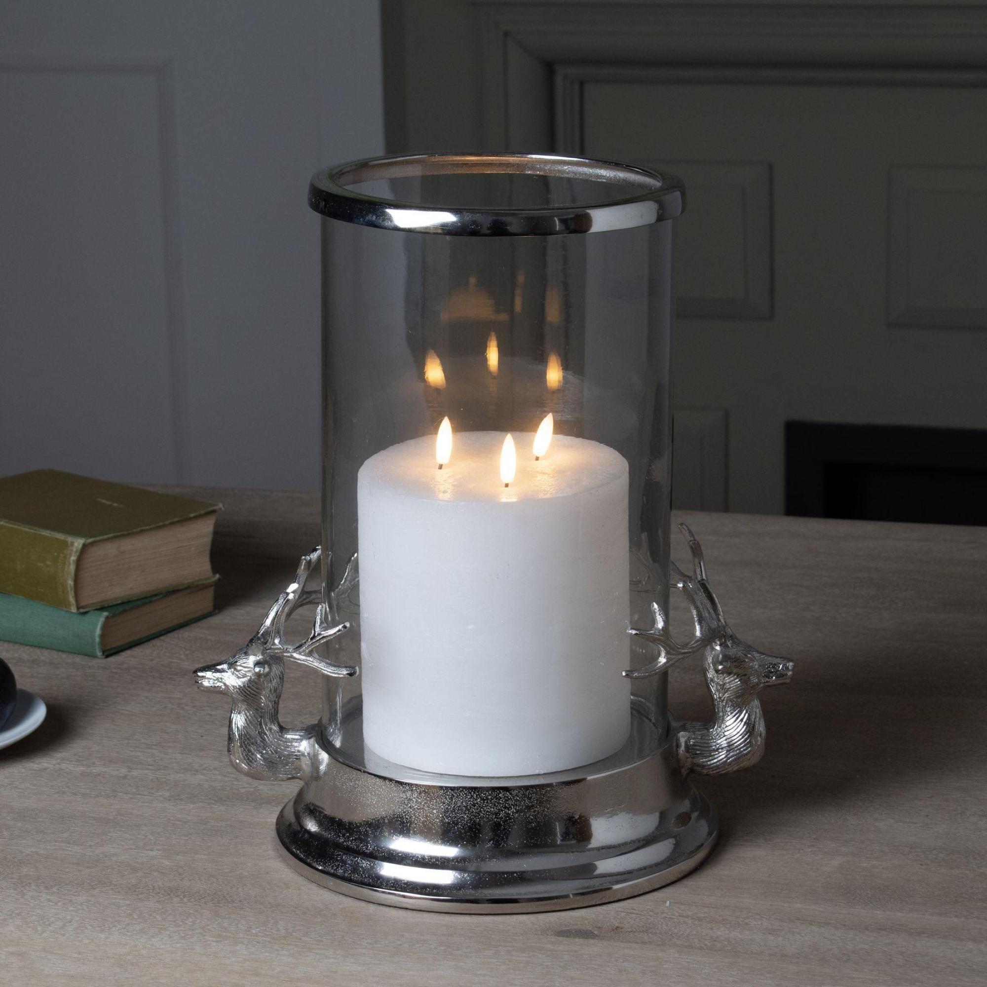 Hurricane Lantern - Silver Metal - Stag Heads