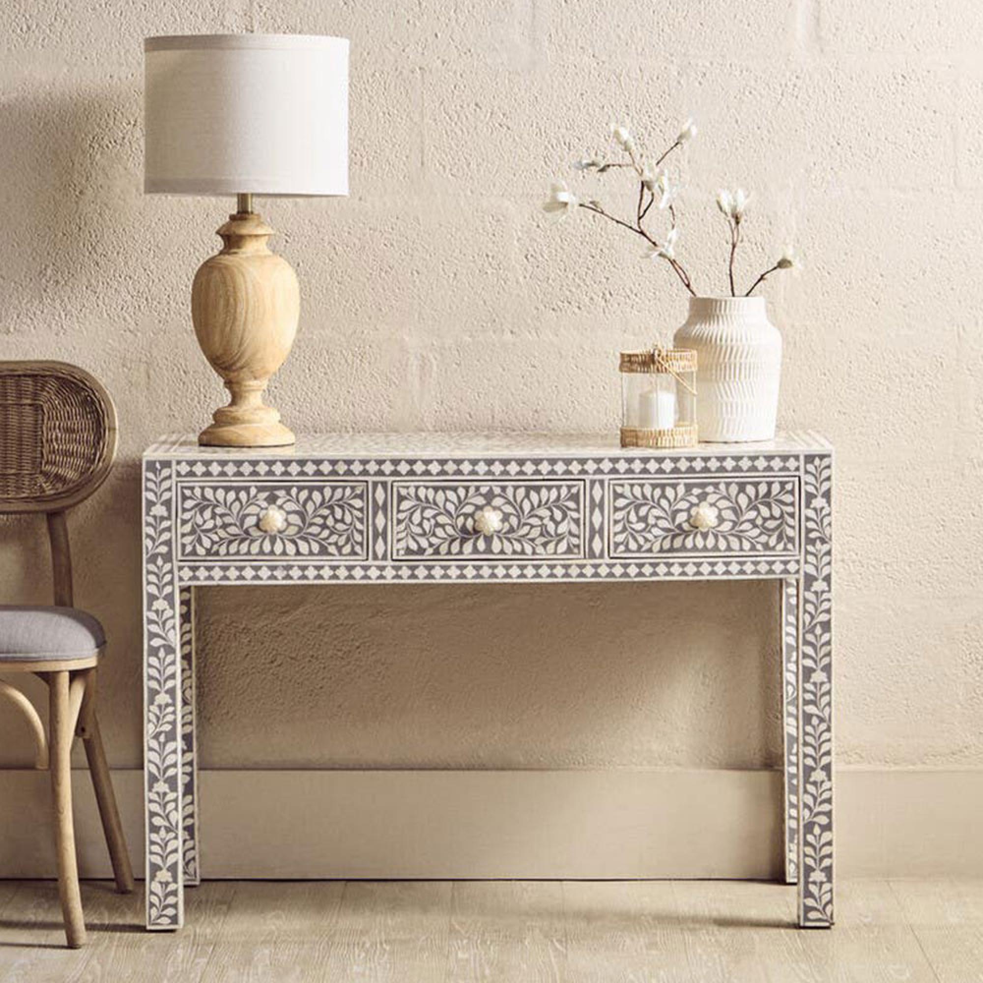 Fusion Silver Bone Inlay 3 Drawer Desk