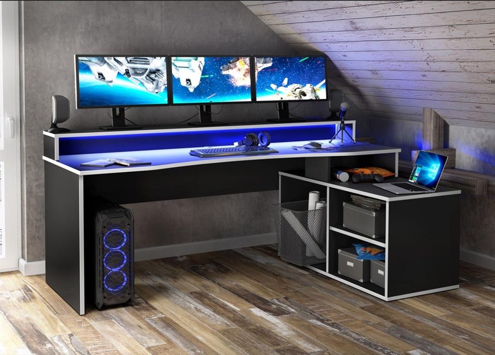 Tezaur Black 3 Shelves LED Light Gaming Desk