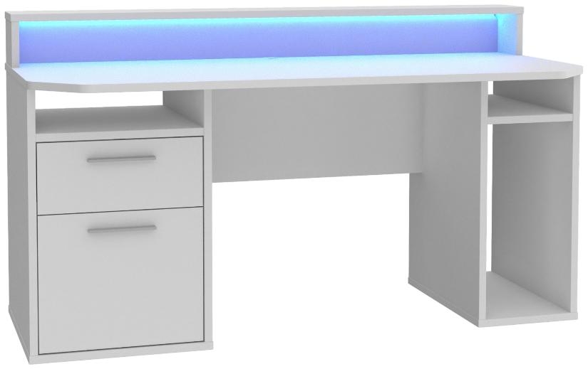 Tezaur White 2 Drawer LED Light Gaming Desk