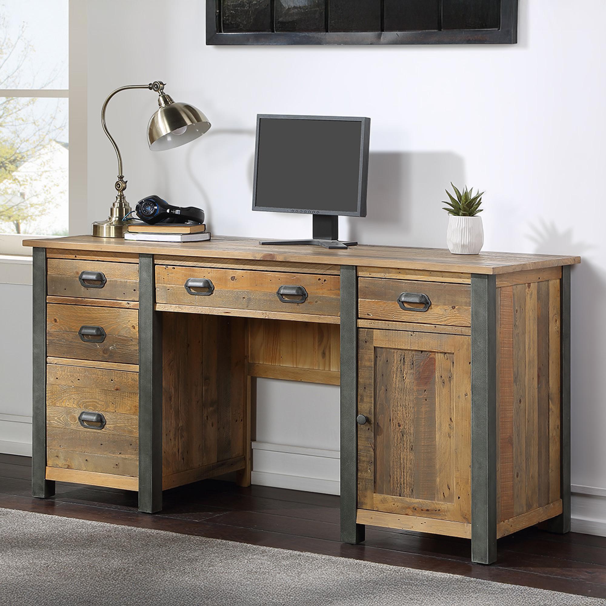 Urmston Elegance Reclaimed Wood Twin Pedestal Home Office Desk