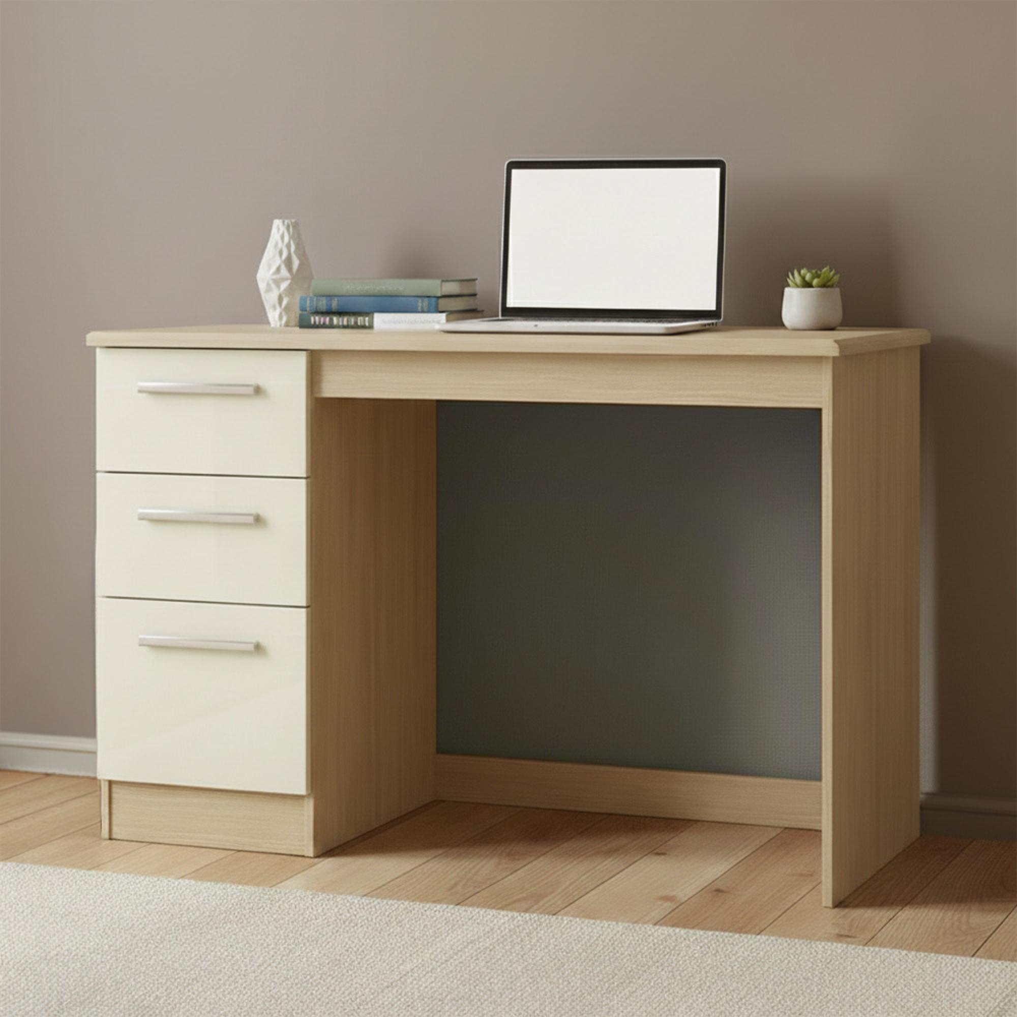 Knightsbridge Desk - 3 Drawer - Cream Gloss and Light Oak