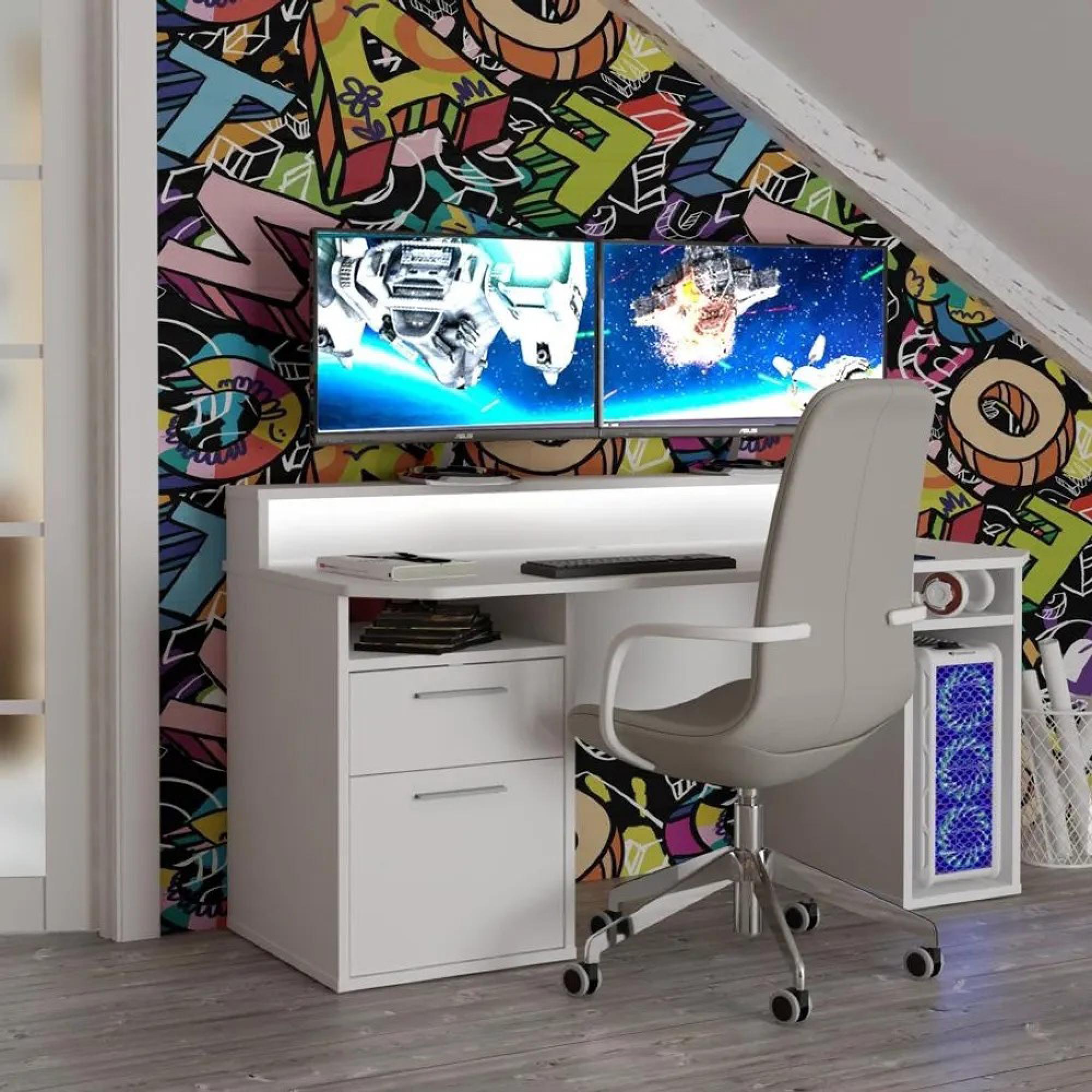 Tezaur Gaming Desk - 1 Door - 1 Drawer - LED Light - White