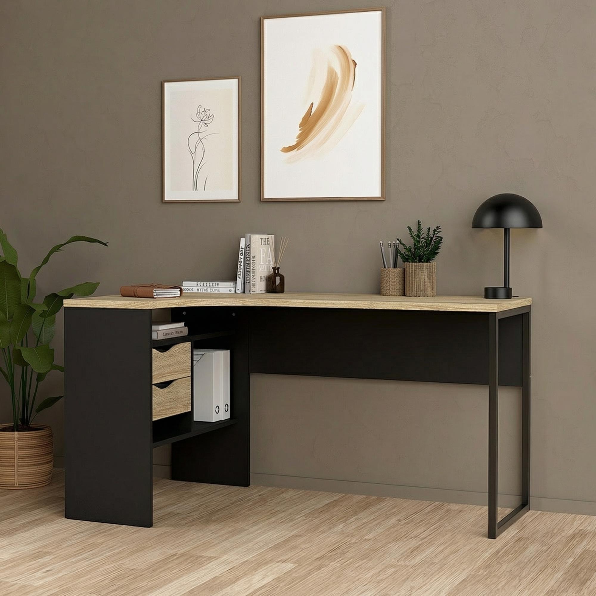 Function Plus Corner Desk - 2 Drawer - Black and Oak