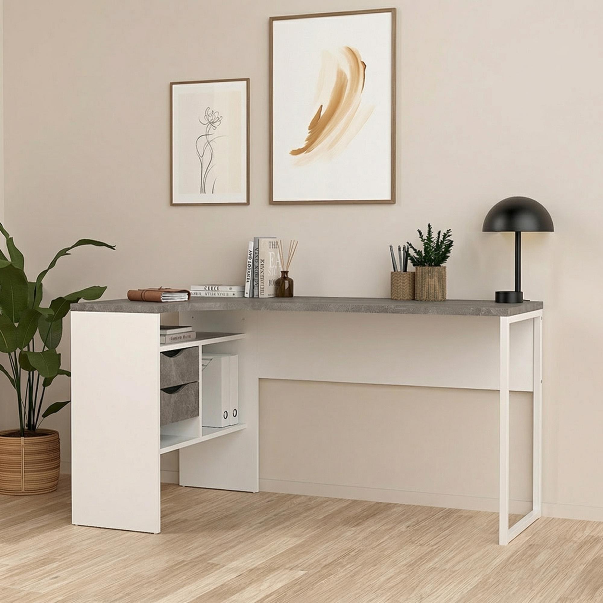 Function Plus Corner Desk - 2 Drawer - White and Grey