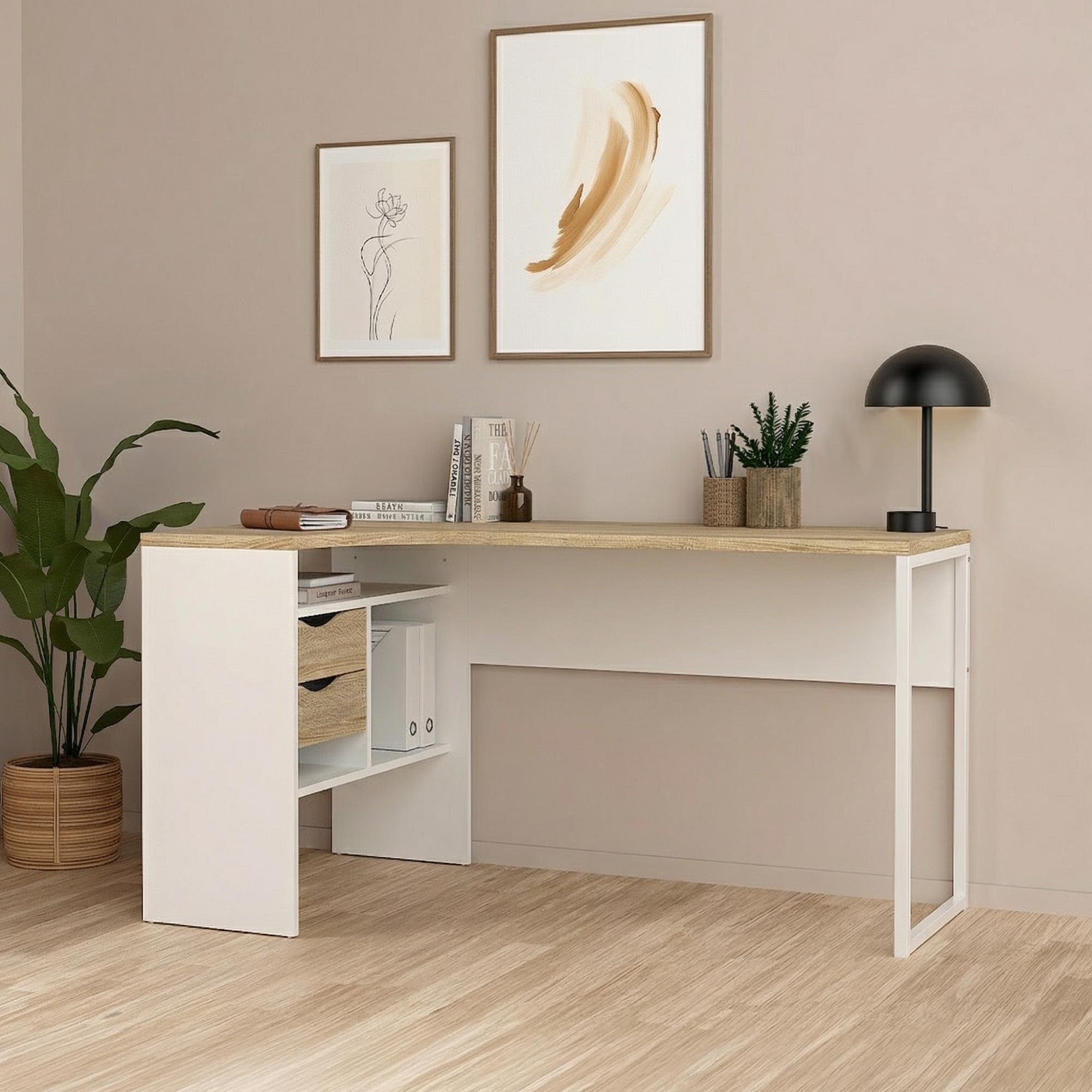 Function Plus Corner Desk - 2 Drawer - White and Oak