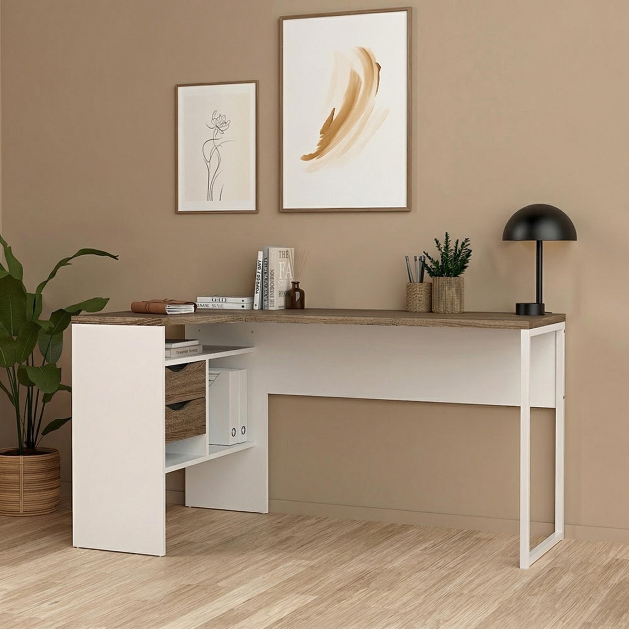 Function Plus Corner Desk - 2 Drawer - White and Truffle Oak