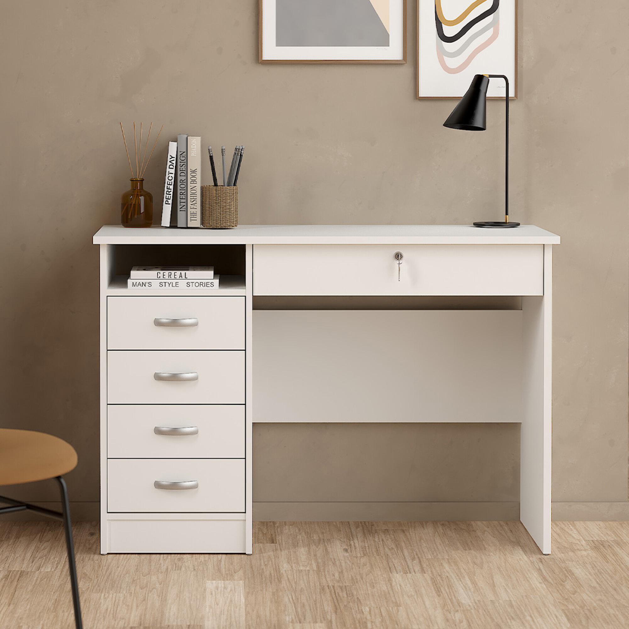 Function Plus Desk - 4+1 Handle Free Drawer - Single - White
