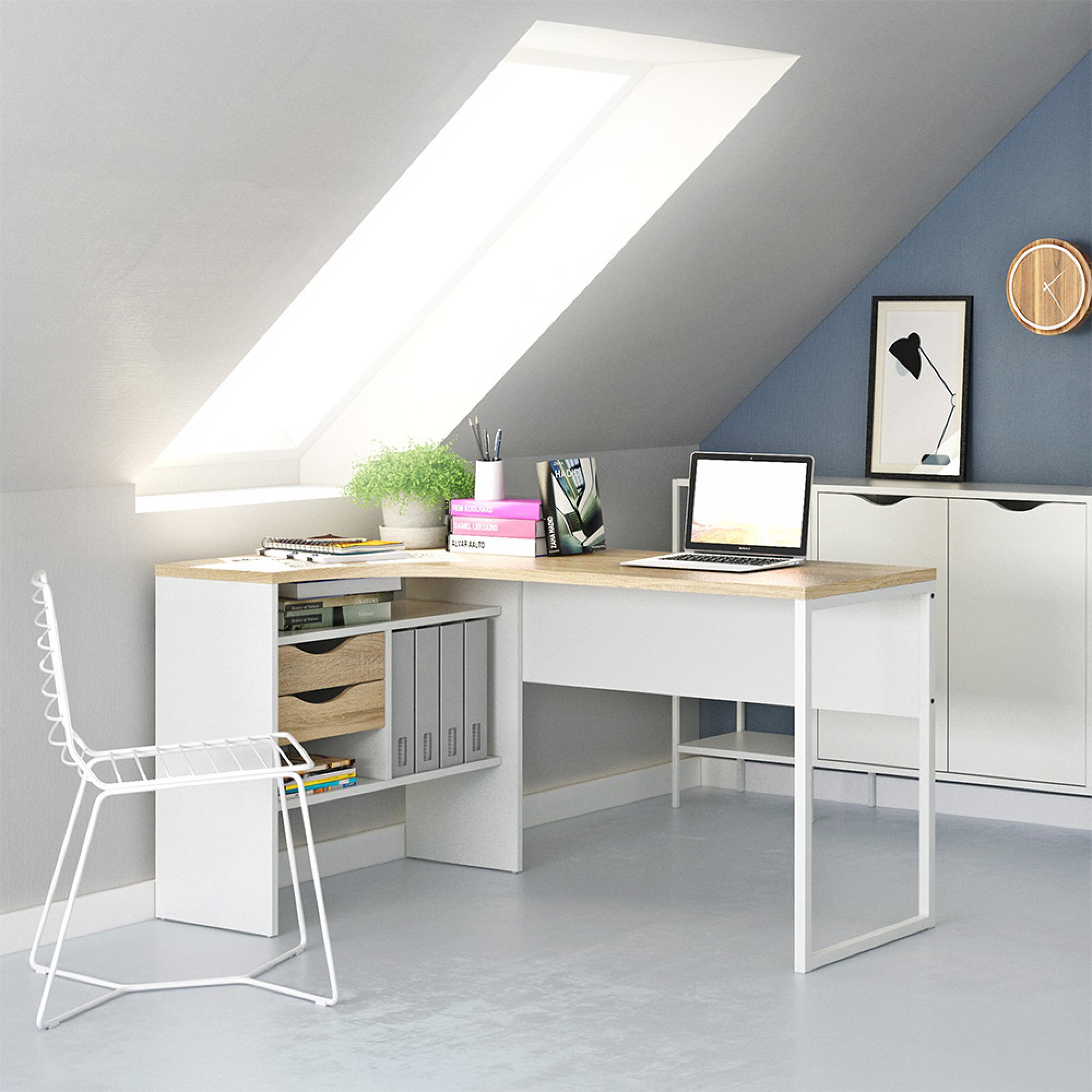 Function Plus Corner Desk - 2 Drawer - White and Oak