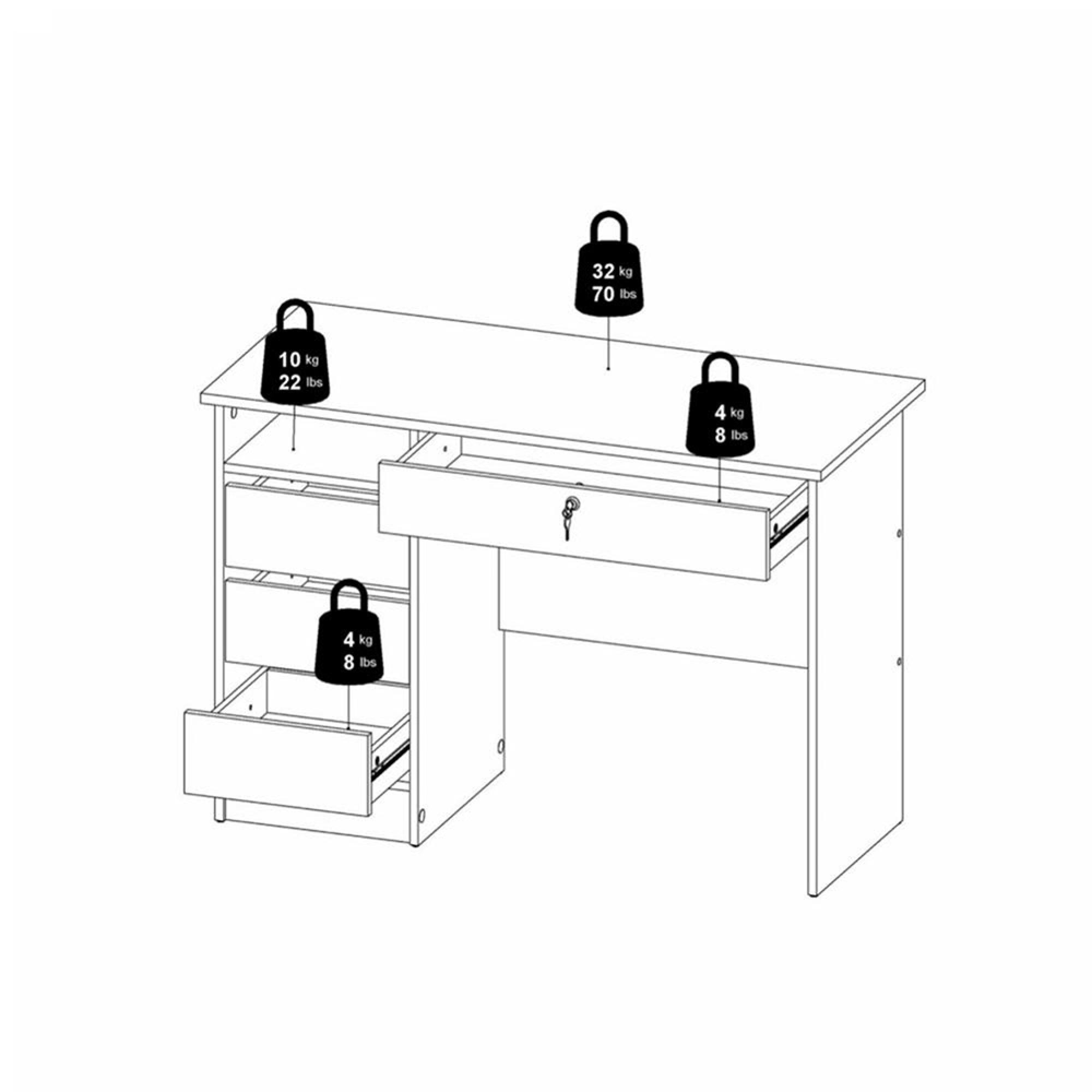 Function Plus Desk - 3+1 Handle Free Drawer - Single - White