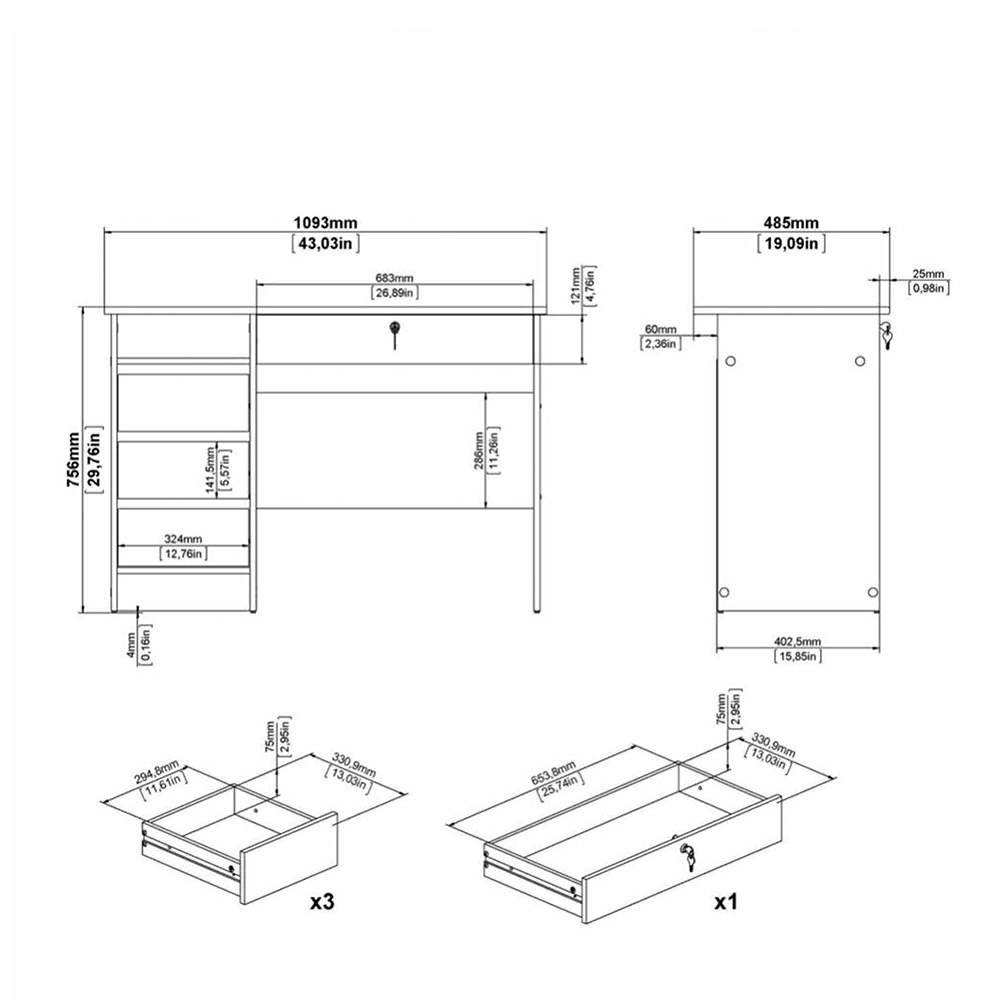 Function Plus Desk - 3+1 Handle Free Drawer - Single - White