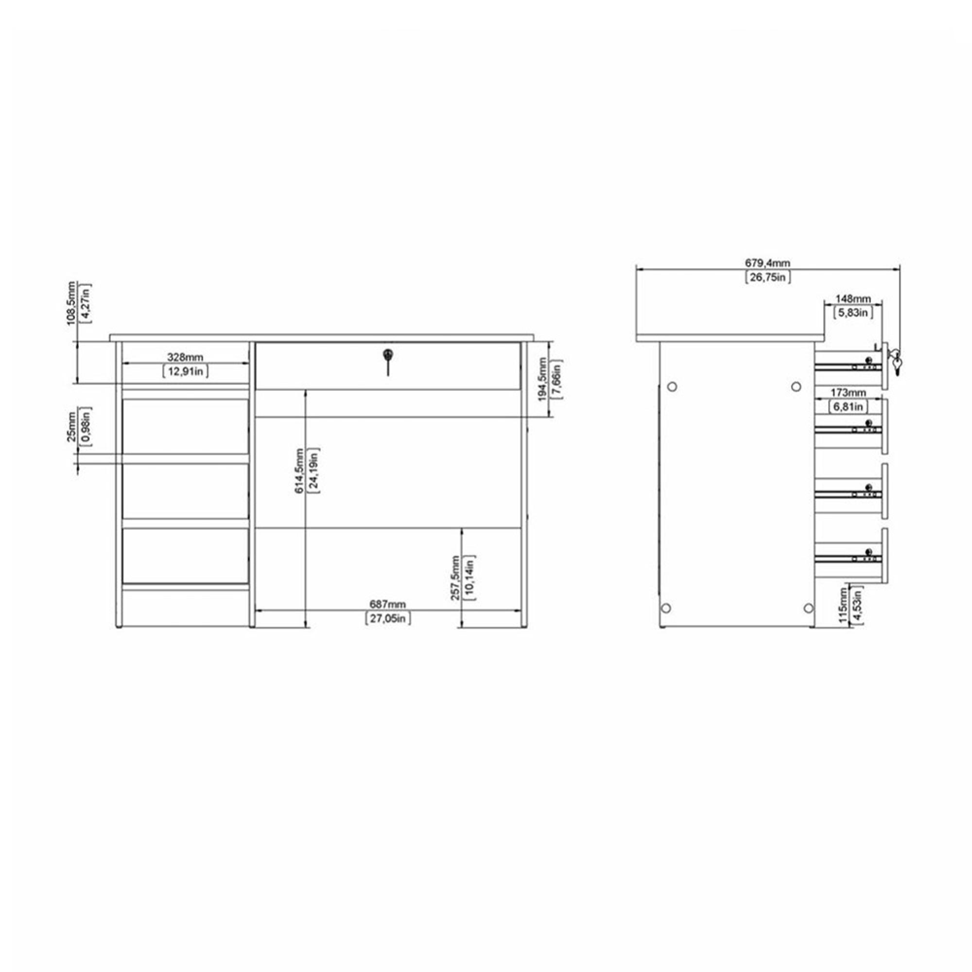 Function Plus Desk - 3+1 Handle Free Drawer - Single - White