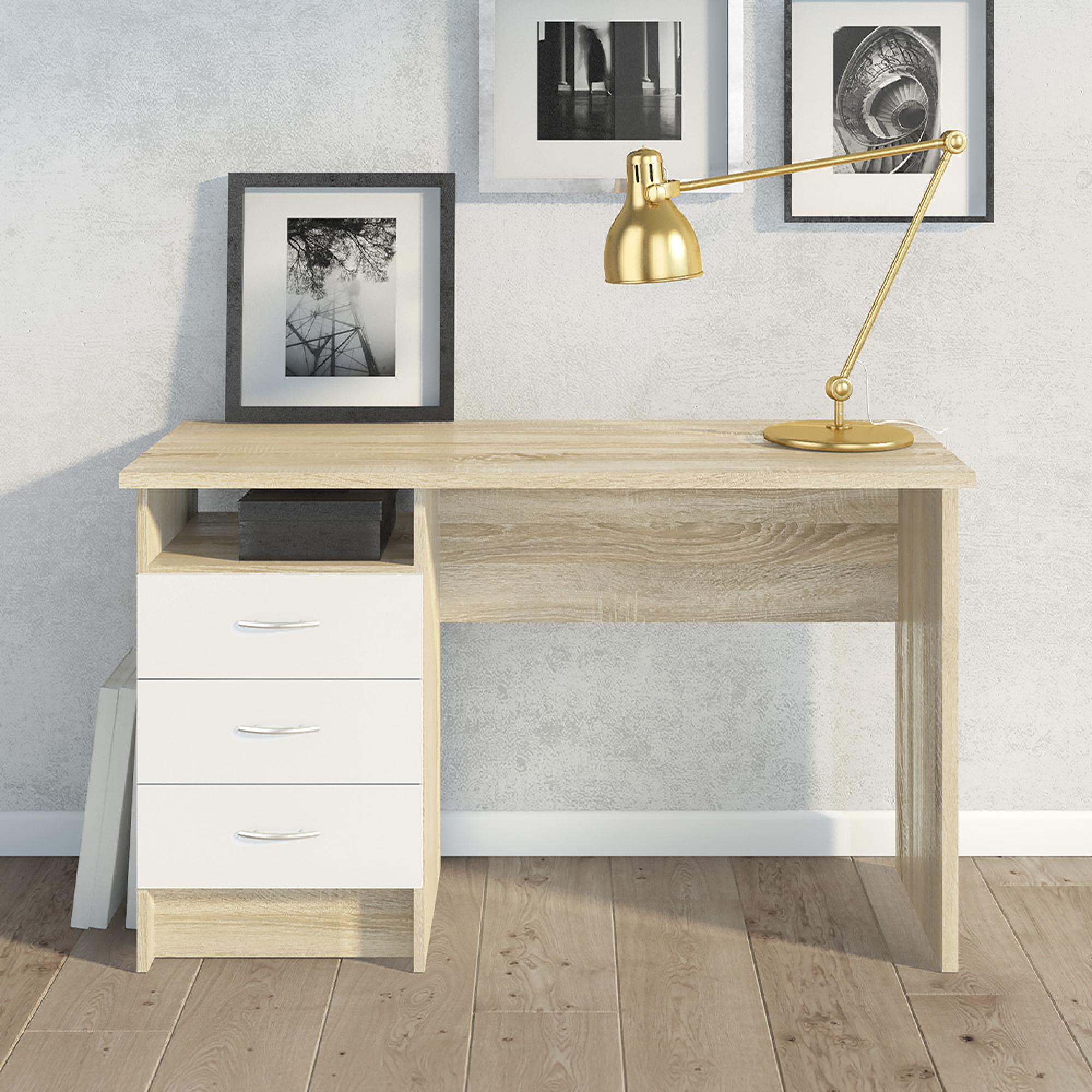Function Plus Desk - 3 Drawer - Single - White and Oak