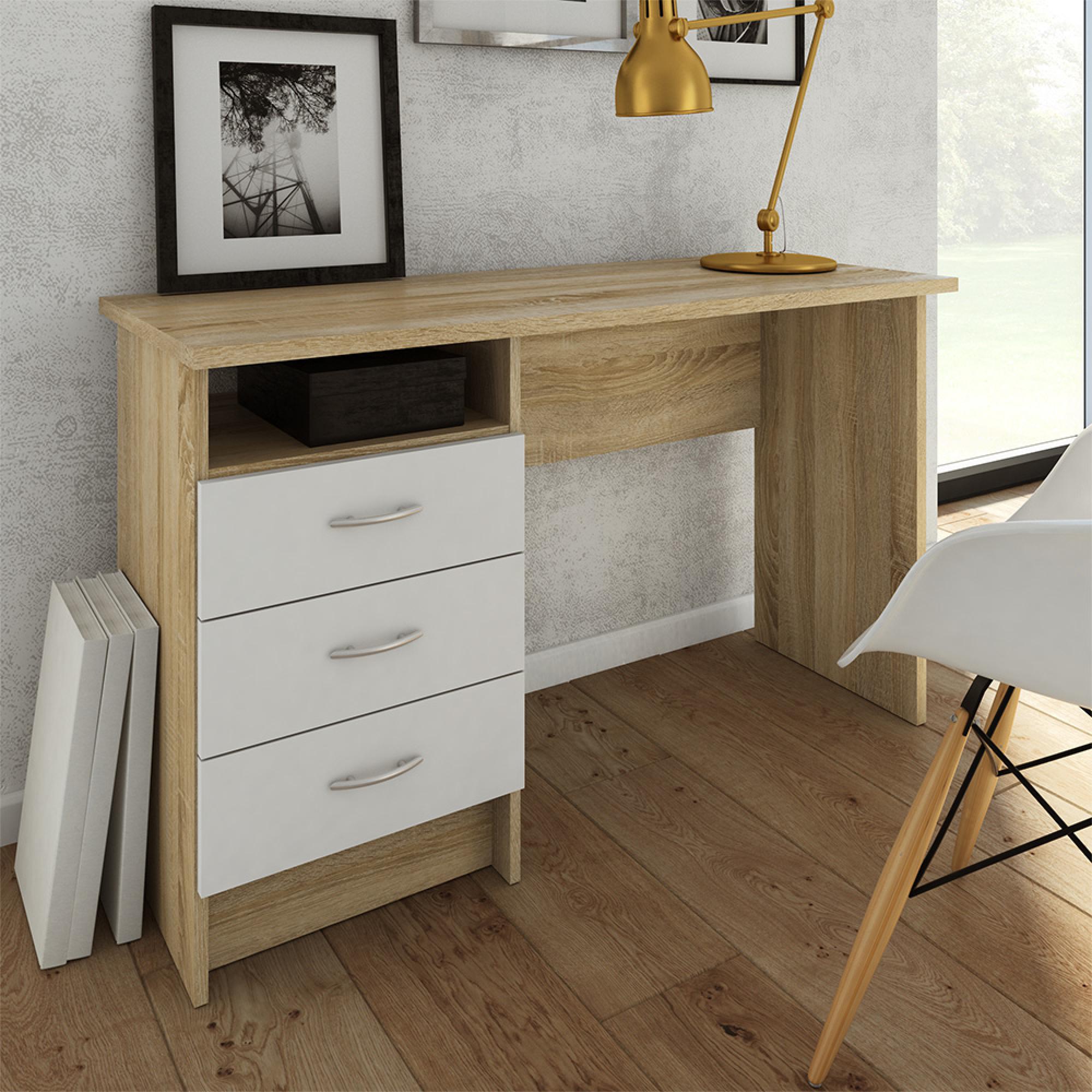 Function Plus Desk - 3 Drawer - Single - White and Oak