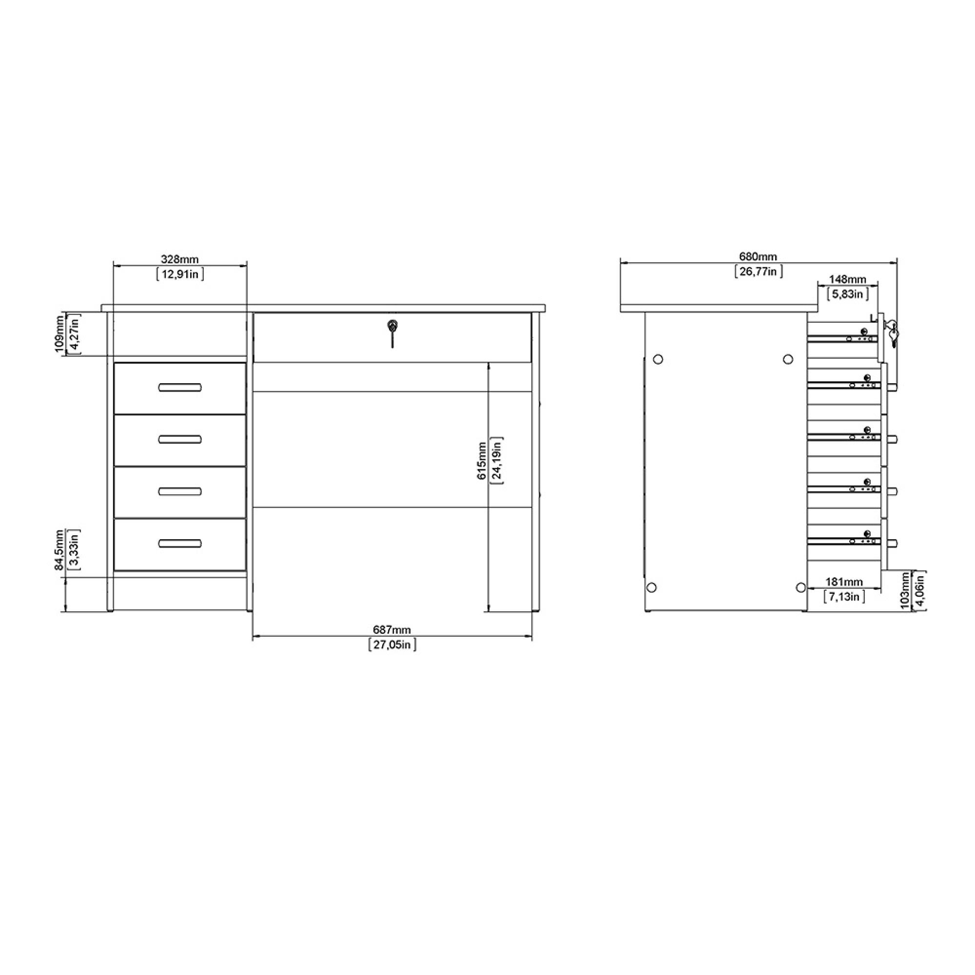 Function Plus Desk - 4+1 Handle Free Drawer - Single - White