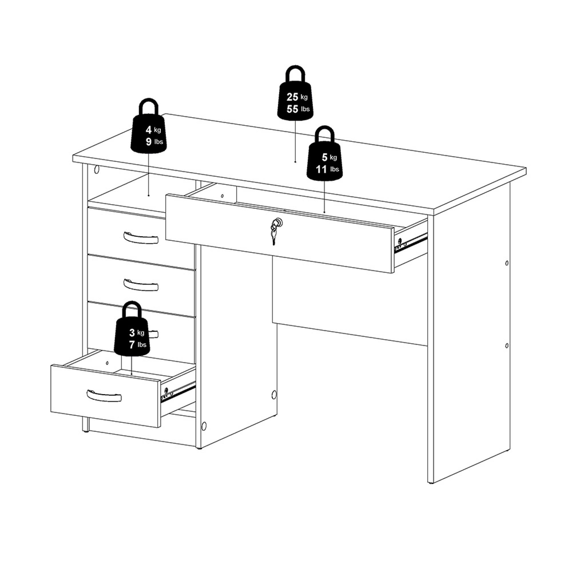 Function Plus Desk - 4+1 Handle Free Drawer - Single - White