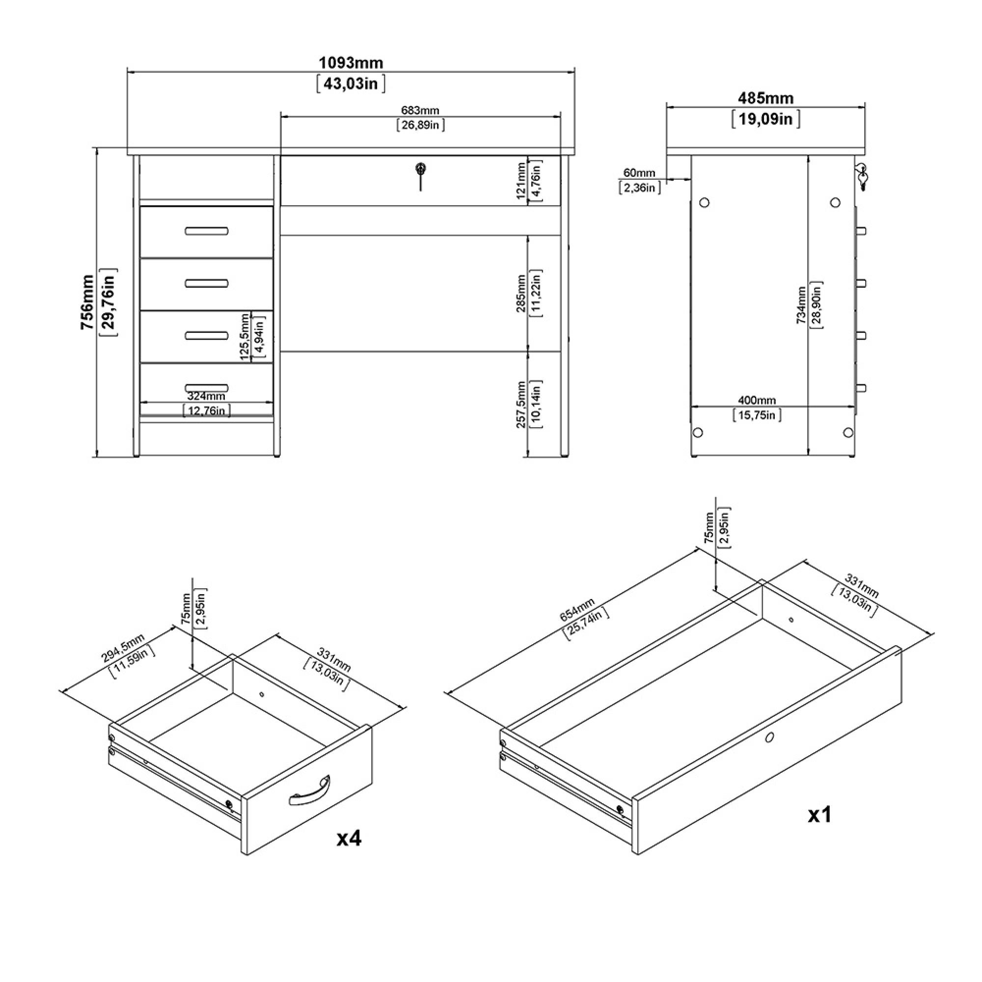 Function Plus Desk - 4+1 Handle Free Drawer - Single - White