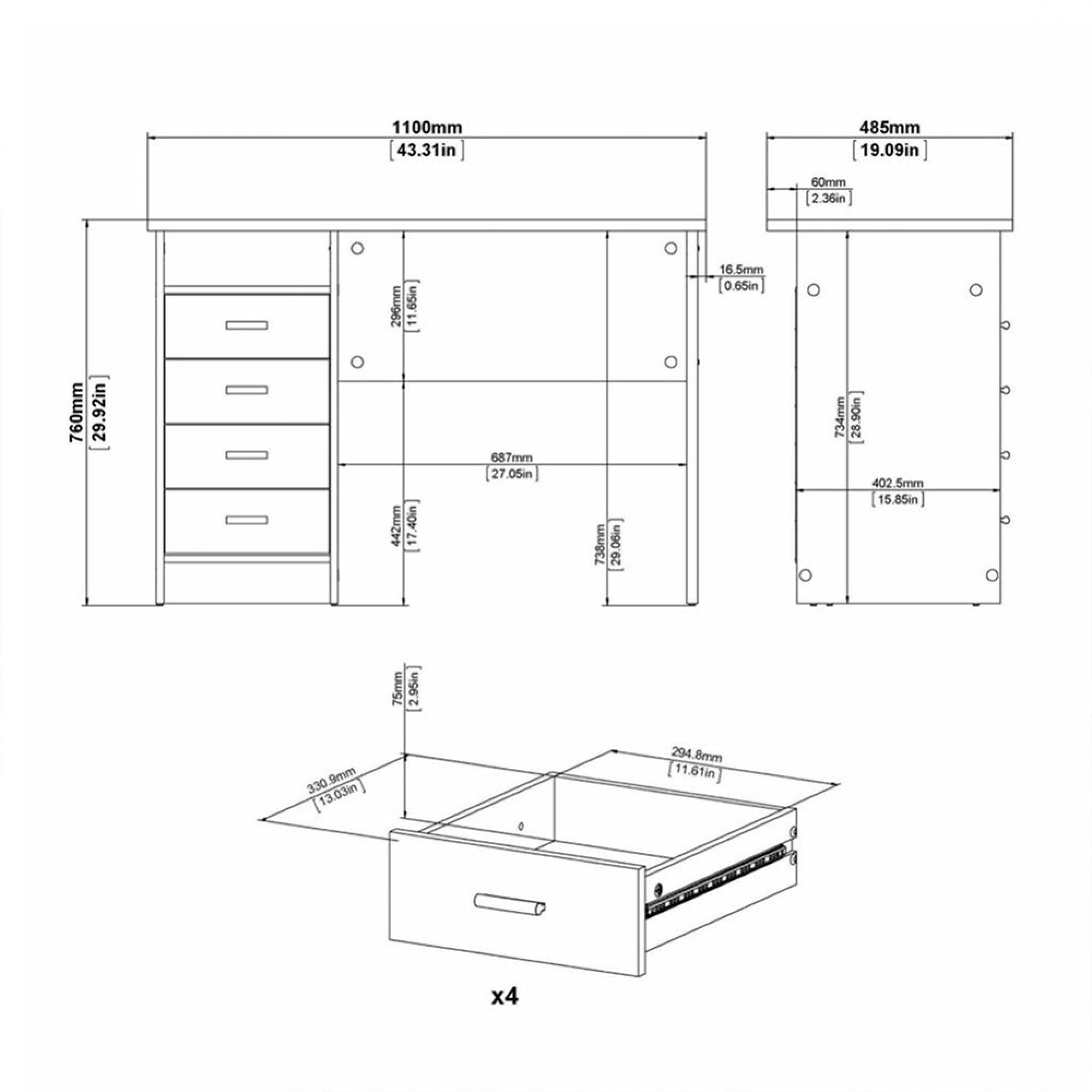 Function Plus Desk - 4 Drawer - Single - Oak