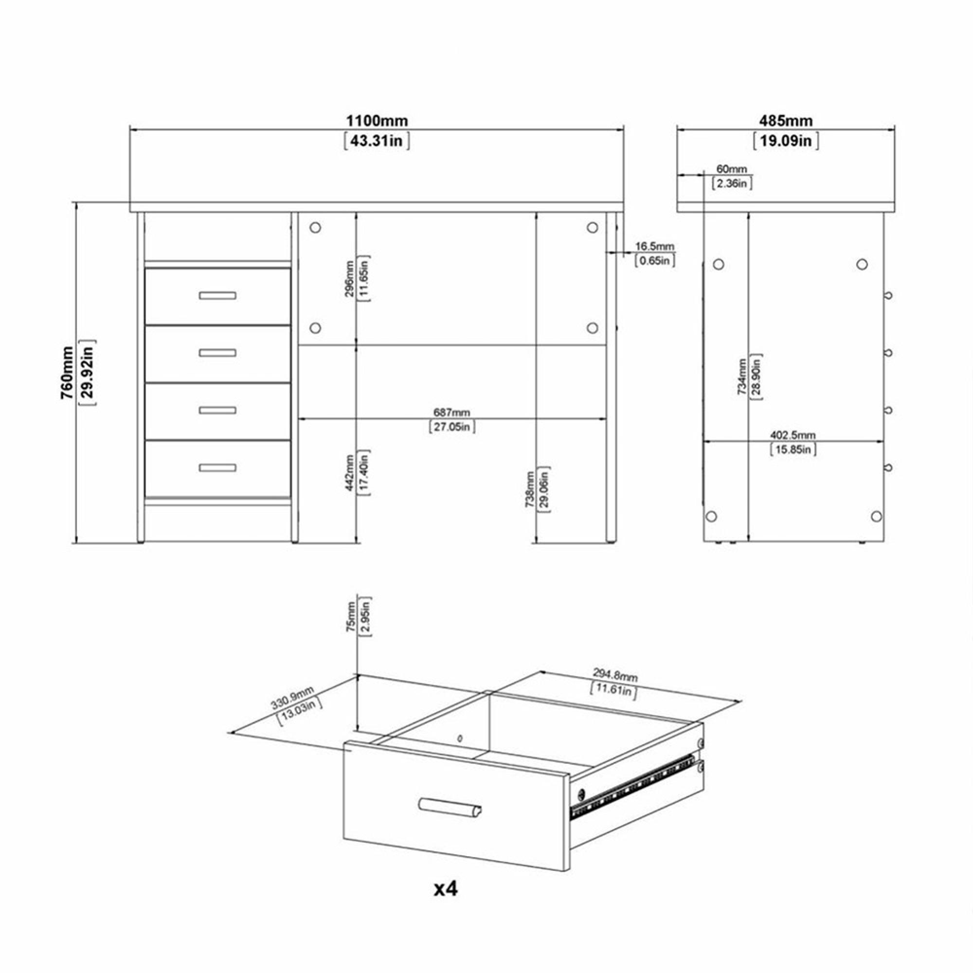 Function Plus Desk - 4 Drawer - Single - White