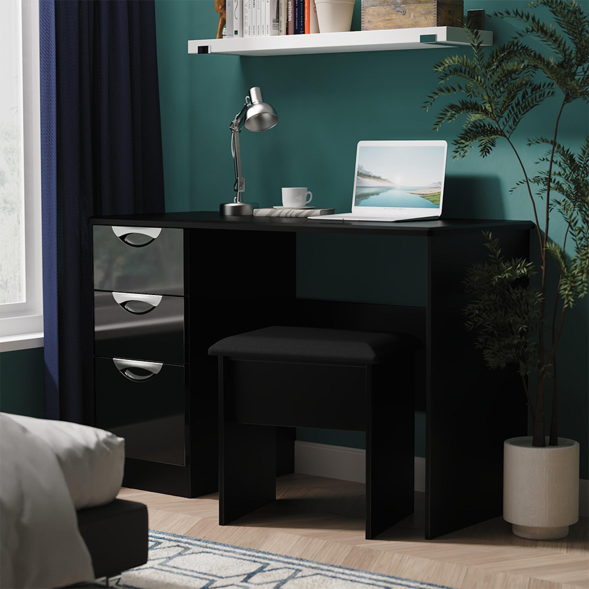 Camden Desk - 3 Drawer - Black Gloss