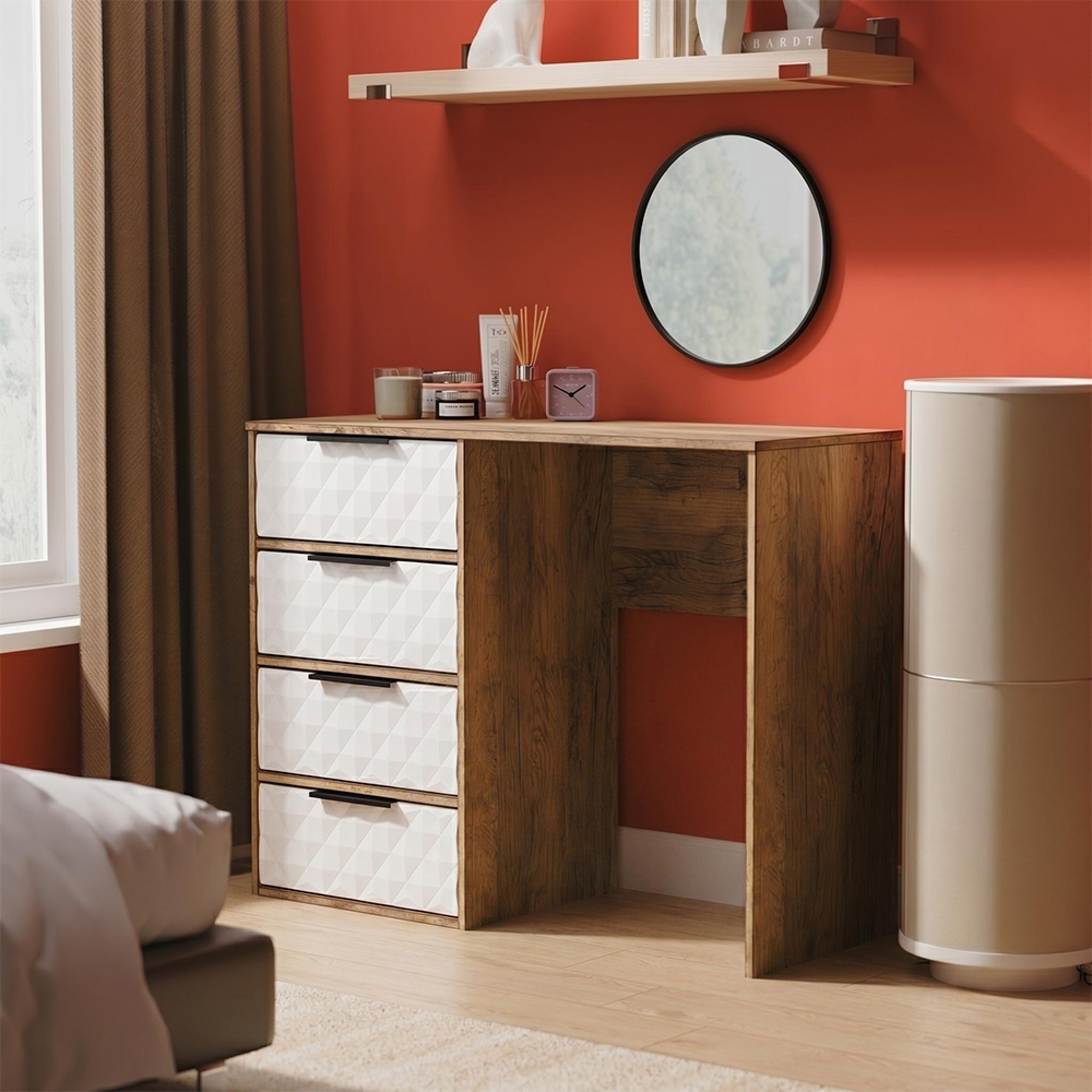 Harlequin Desk - 4 Drawer - White Matt and Vintage Oak
