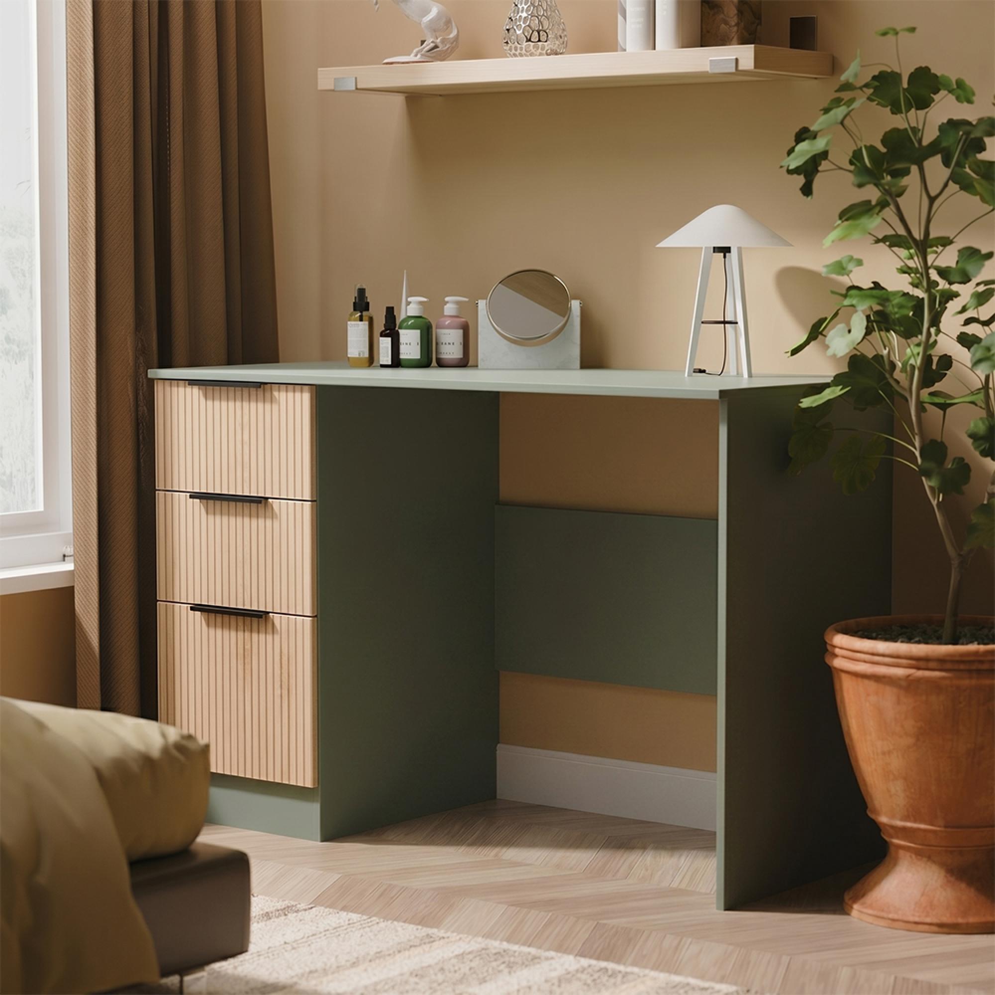Java Fluted Desk - 3 Drawer - Natural and Reed Green