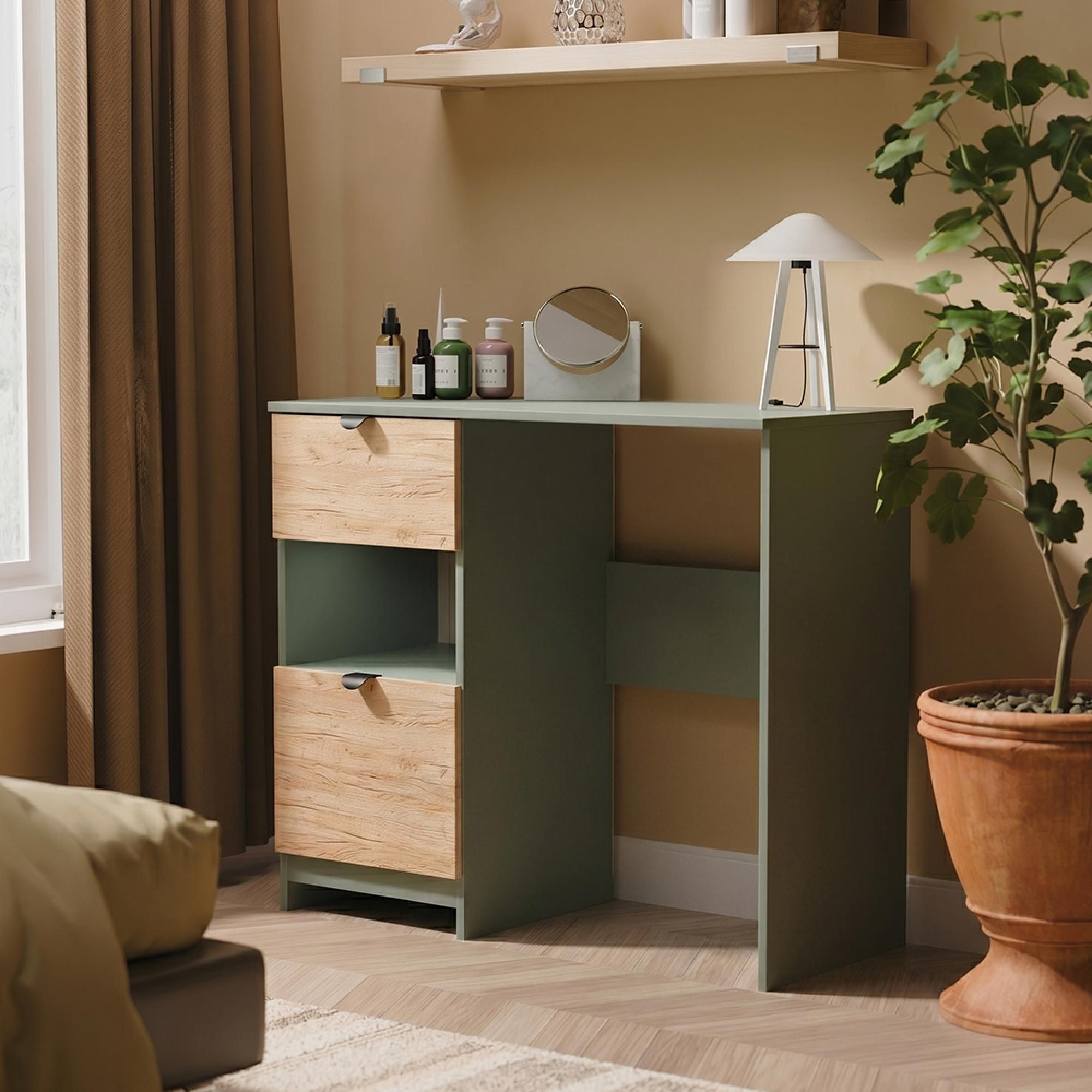 Bora Desk - 2 Drawer - Gold Craft Oak and Reed Green