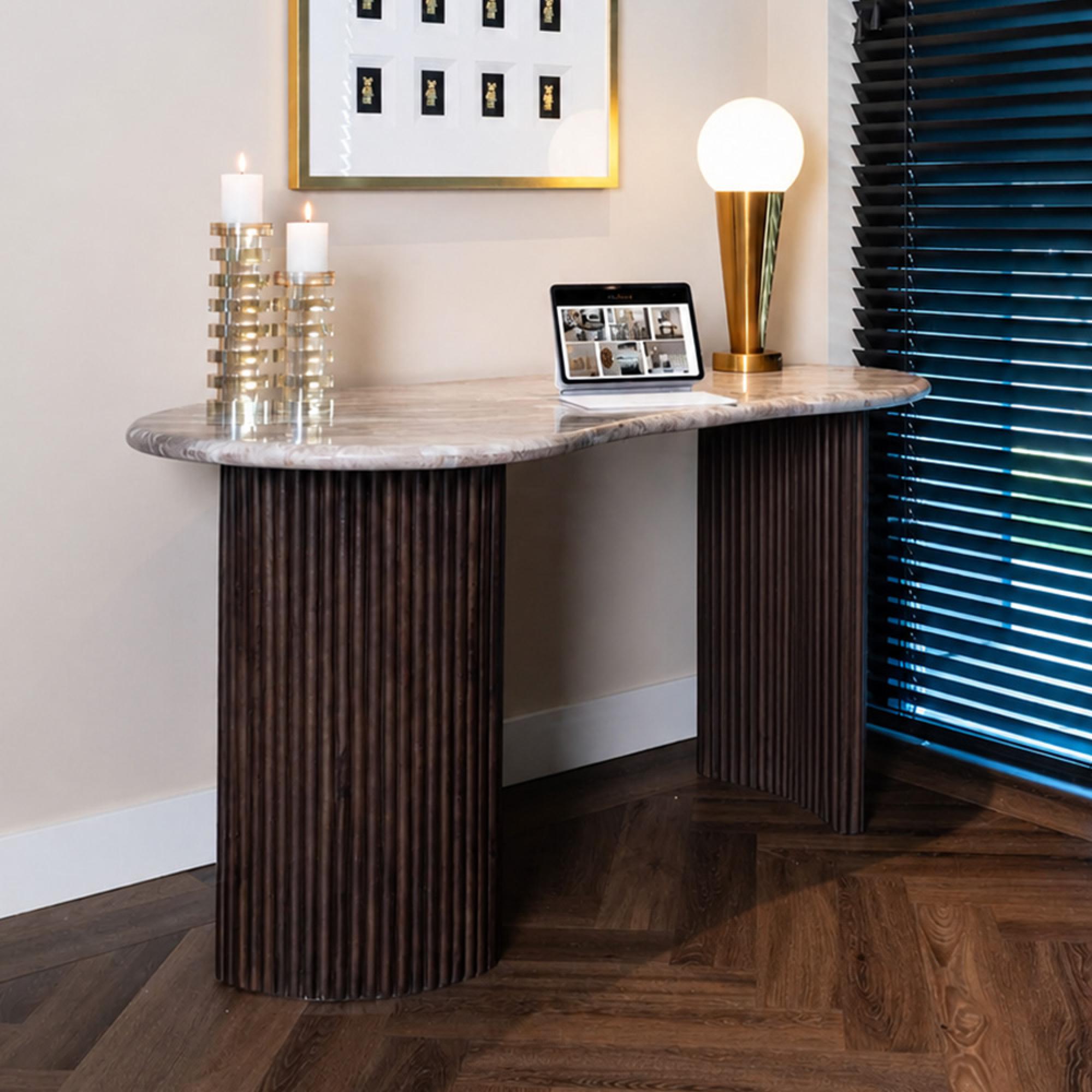 Rashford Office Desk - Kidney - Fluted Base - Blush Beige - Marble and Metal
