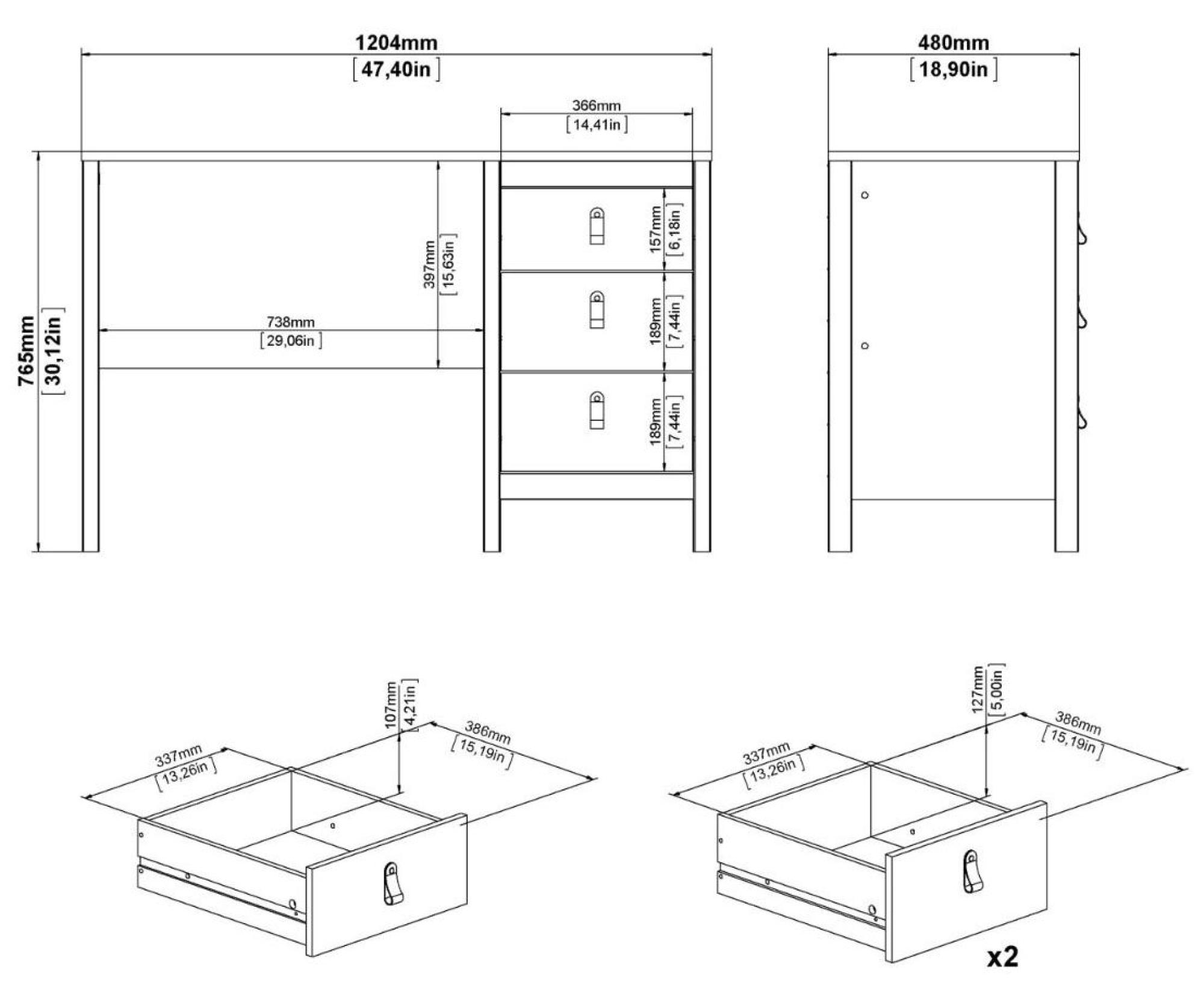 Barcelona Desk - 3 Drawer - White