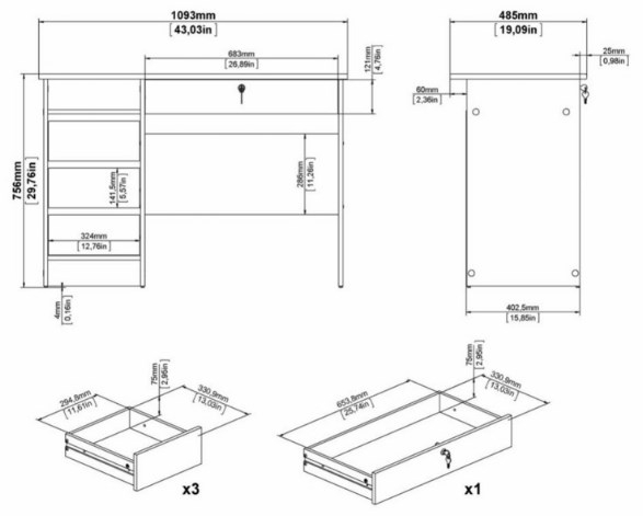 Function Plus Desk - 3+1 Handle Free Drawer - Single - White