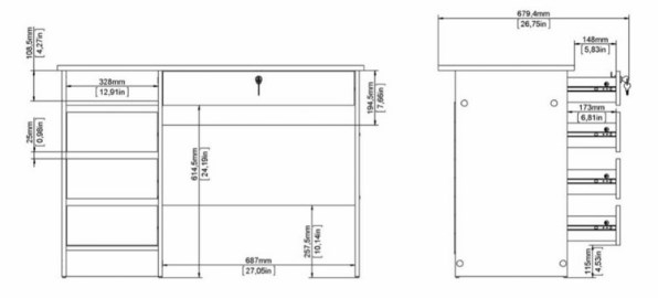 Function Plus Desk - 3+1 Handle Free Drawer - Single - White