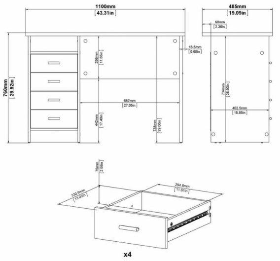 Function Plus Desk - 4 Drawer - Single - White