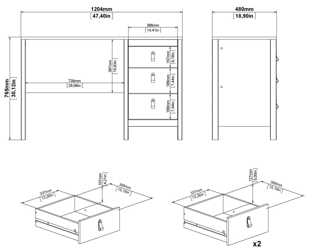 Madrid Desk - 3 Drawer - Black