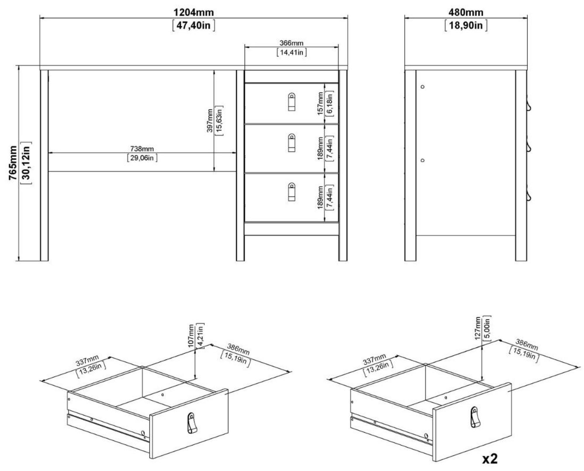 Madrid Desk - 3 Drawer - White