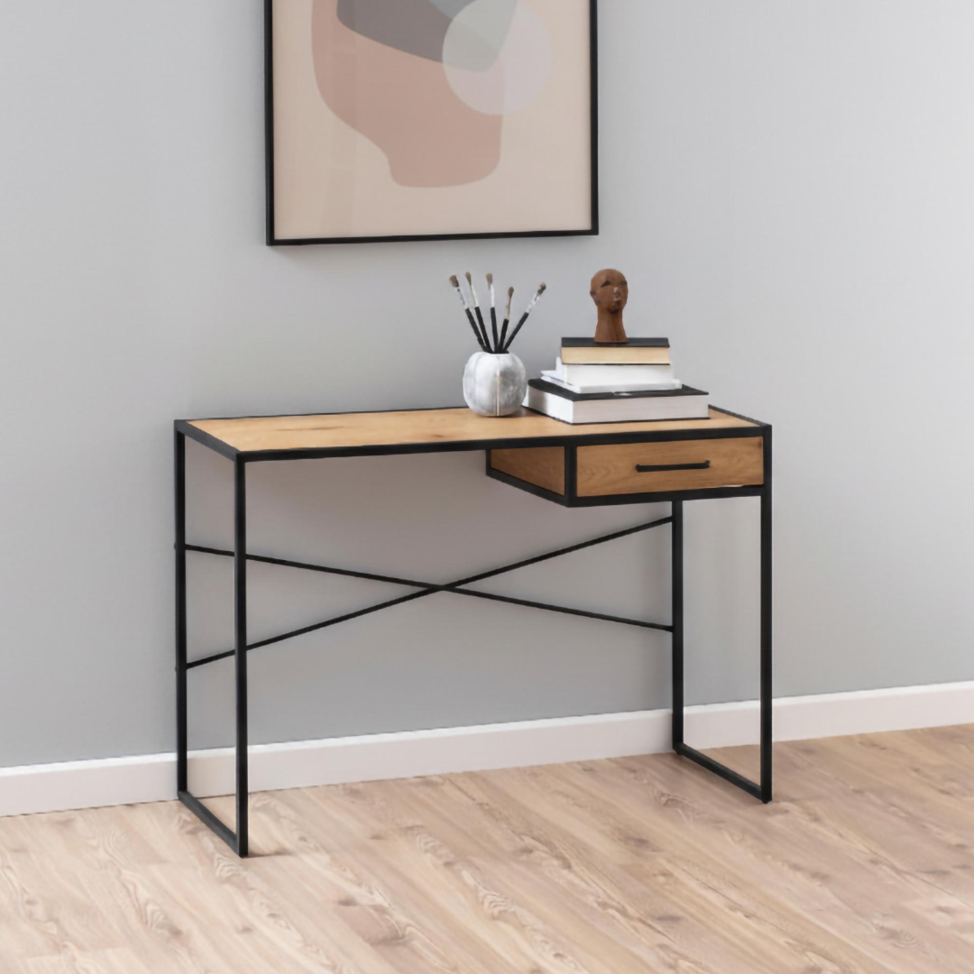 Seaford Desk - 1 Drawer - Oak and Black Metal
