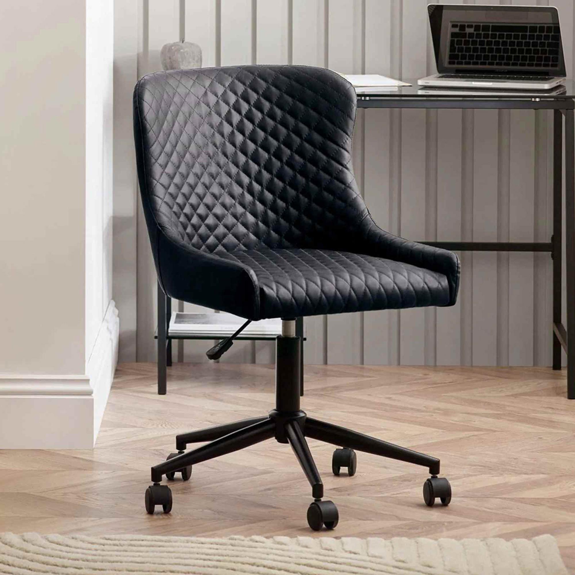 Luxe Swivel Office Chair - Curved Back - Adjustable Height - Black - Faux Leather and Metal