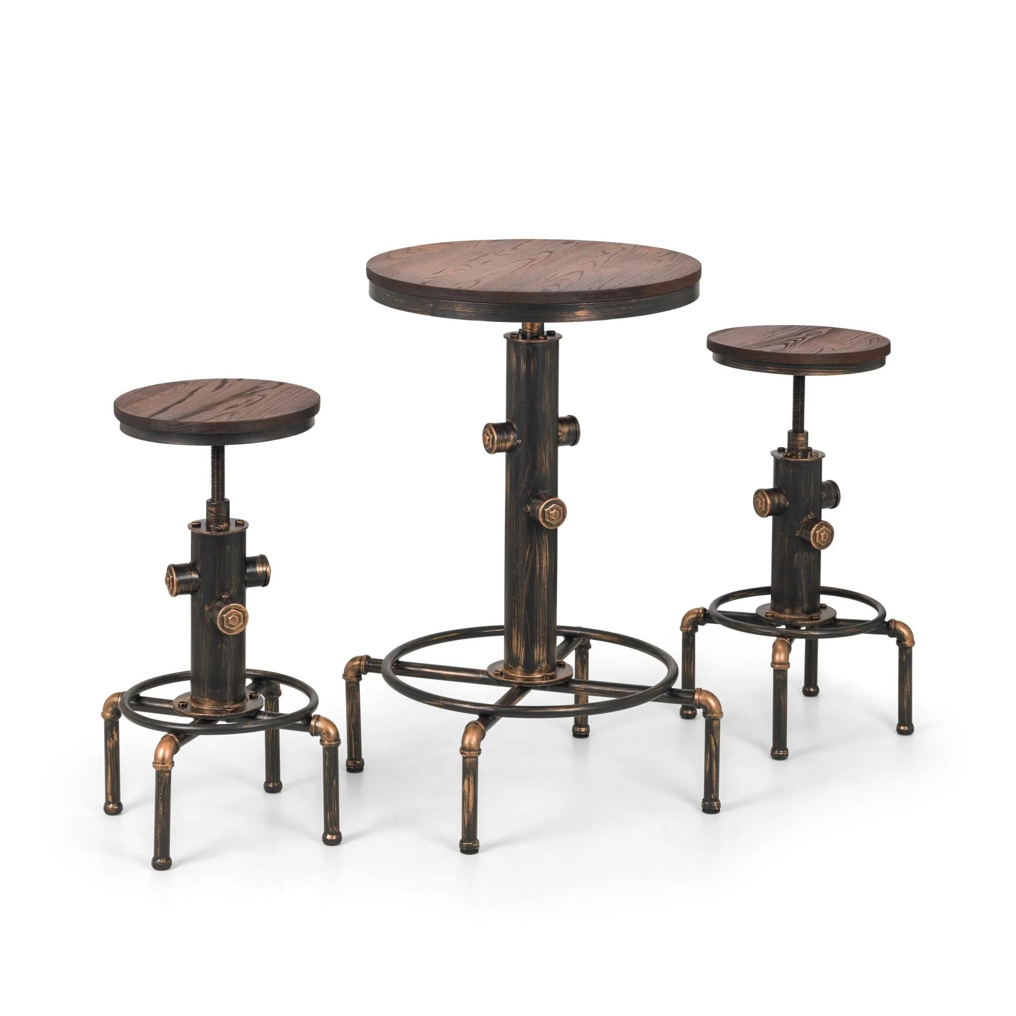 Rockport Round Bar Set - Rustic Elm - Industrial - with 2 Stools