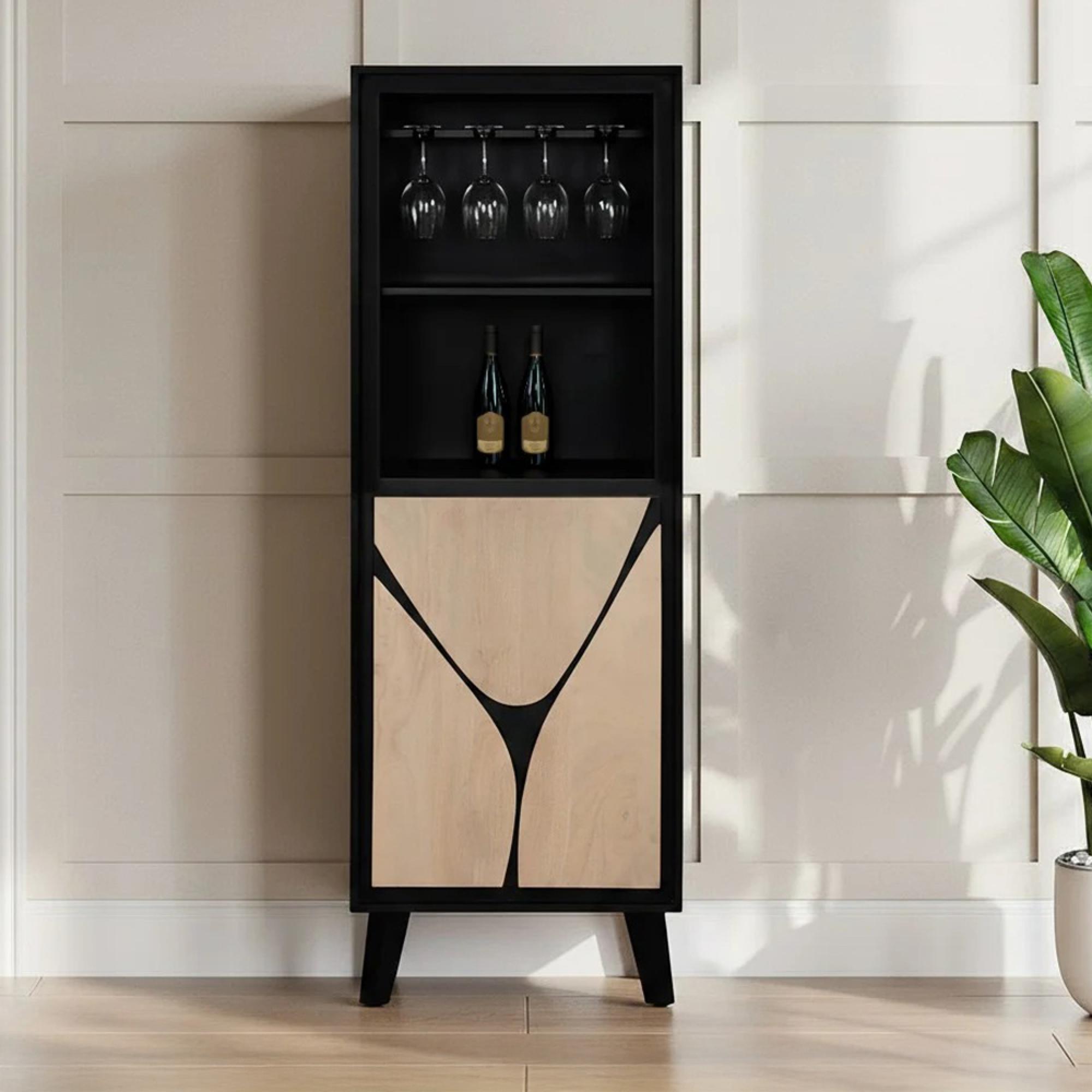 Boho Wine Cabinet - Tall - 1 Door - Geometric Design - Natural and Black - Mango Wood
