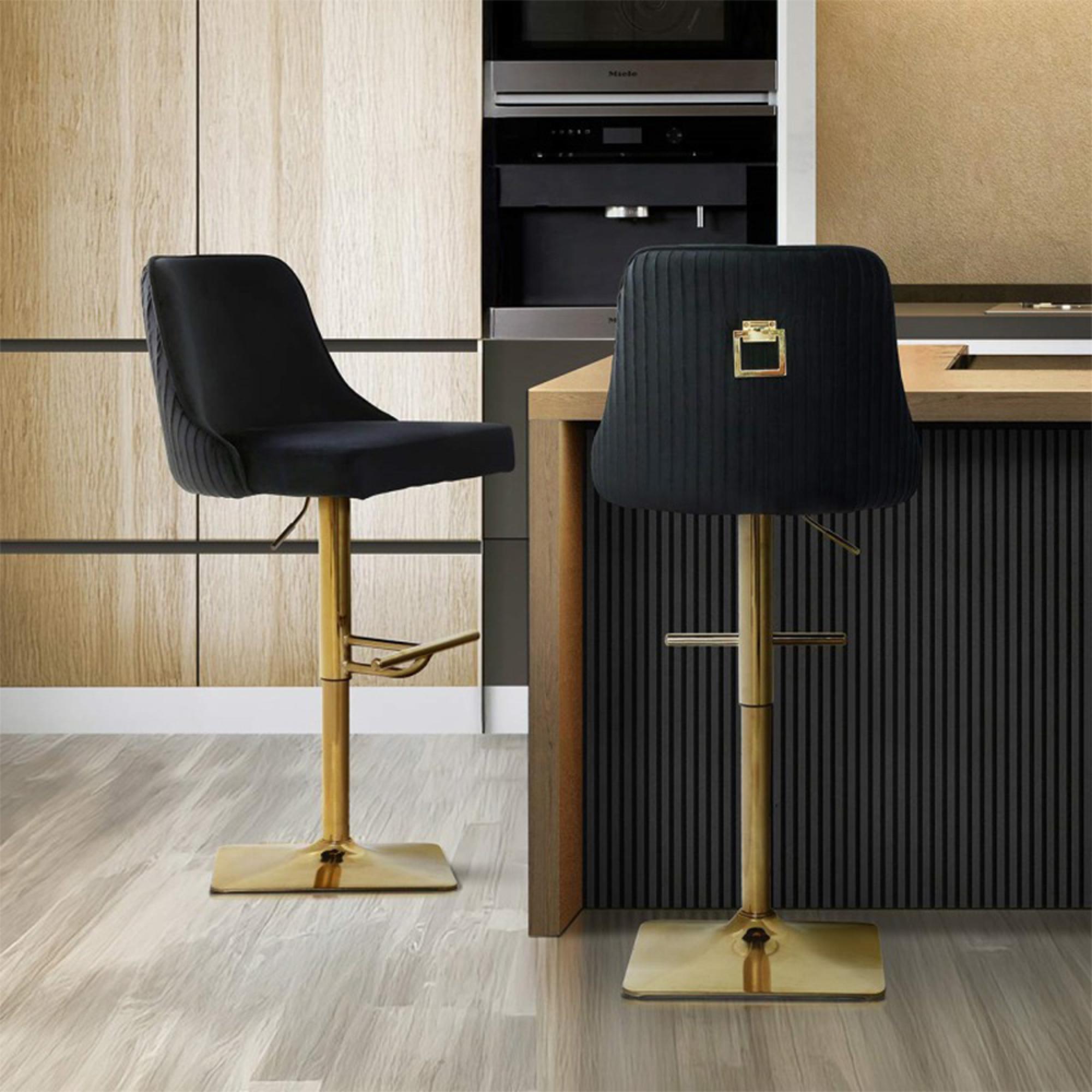 Eris Barstool - Set of 2 - Black Velvet Fabric and Gold Legs