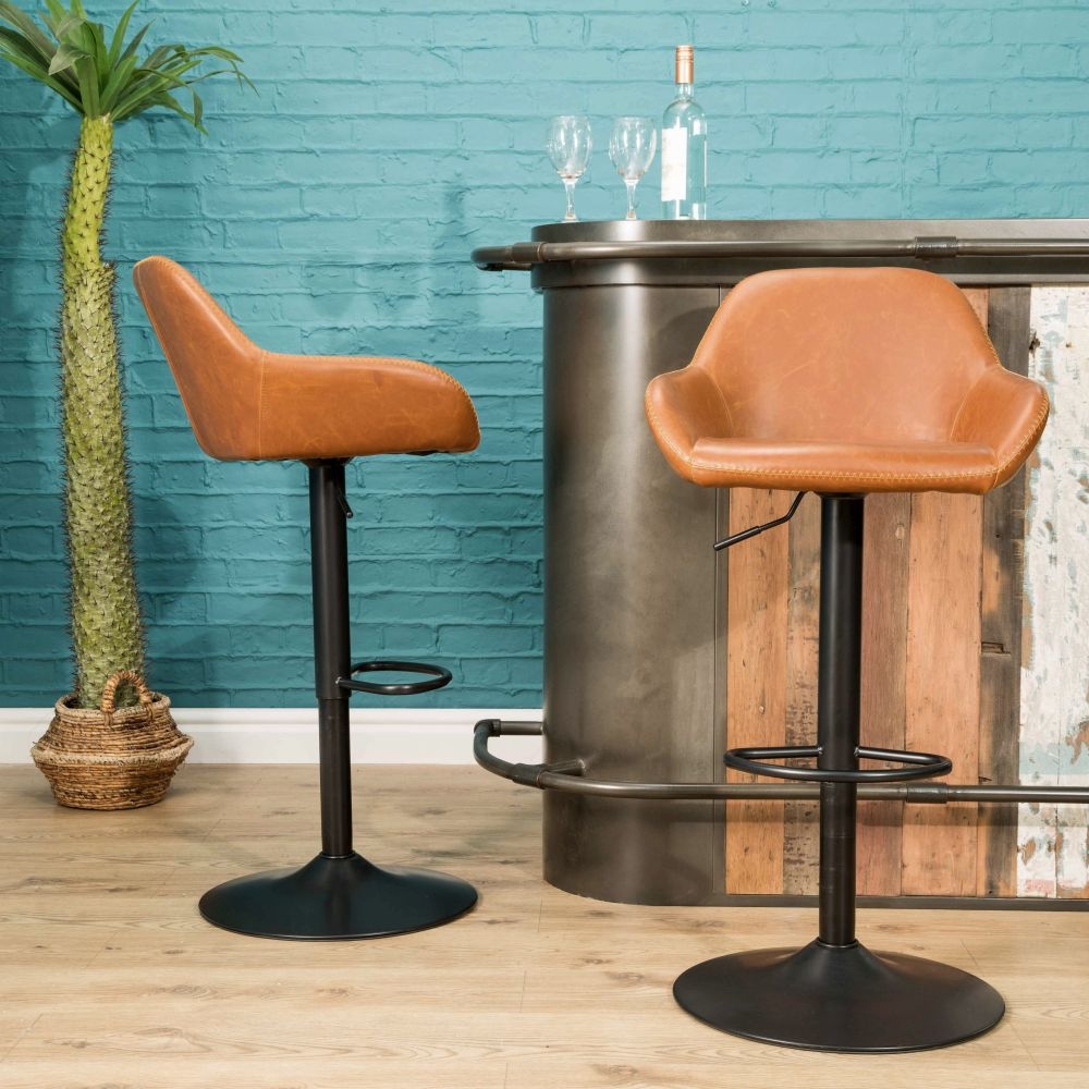 2 x Hawai Tan Vintage Leather Gas Lift Barstool