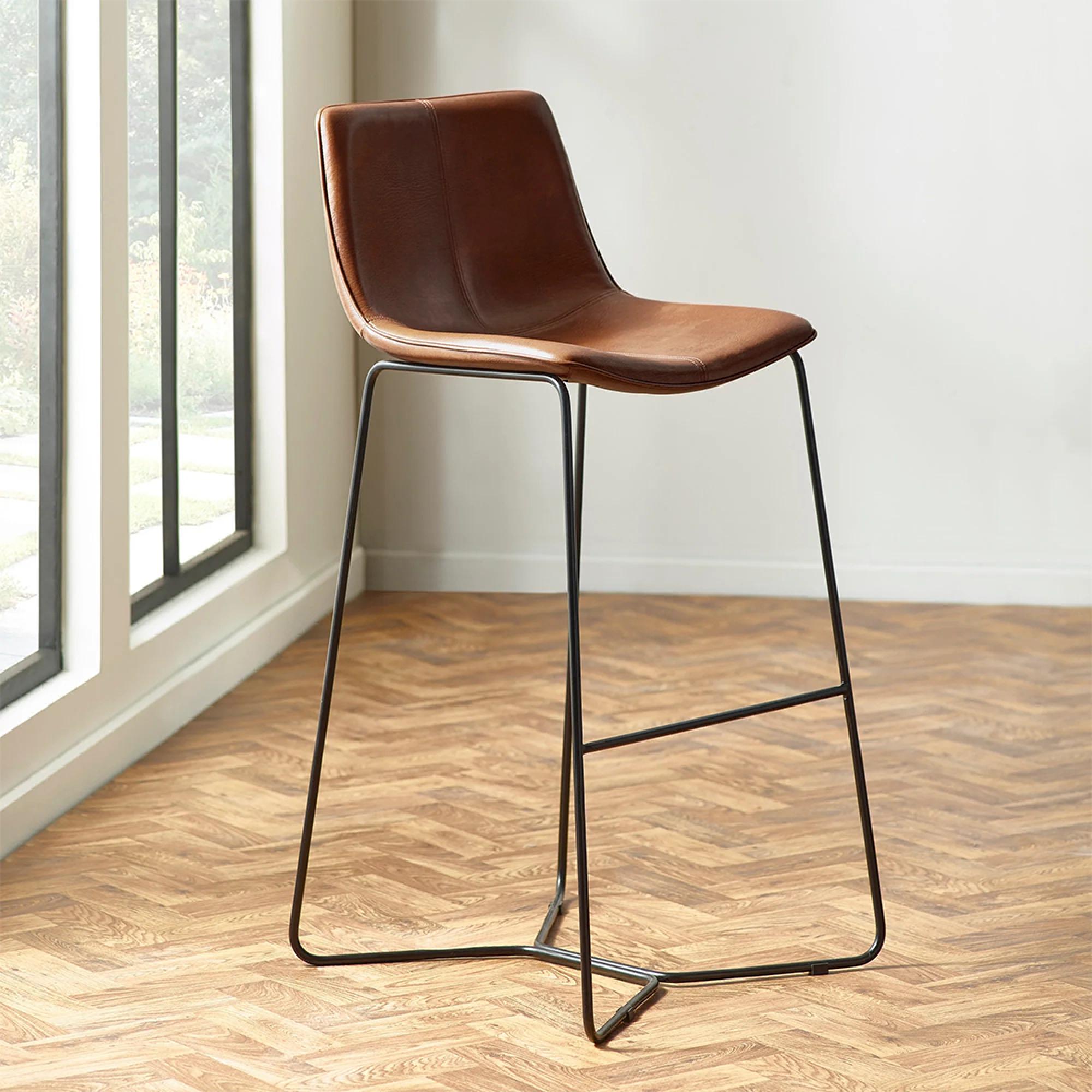 Joren Barstool with Back - Set of 2 - Tan Brown Faux Leather