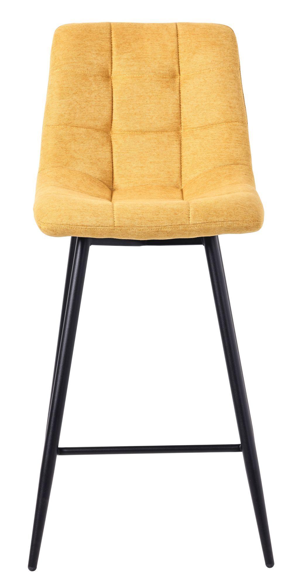 Corona High Back Barstool - Yellow Velvet Fabric - Black Metal Legs