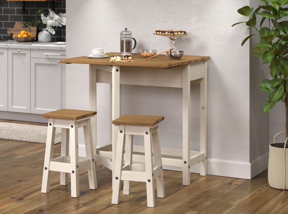 Corona Drop Leaf Table with 2 Stools - White Mexican Pine