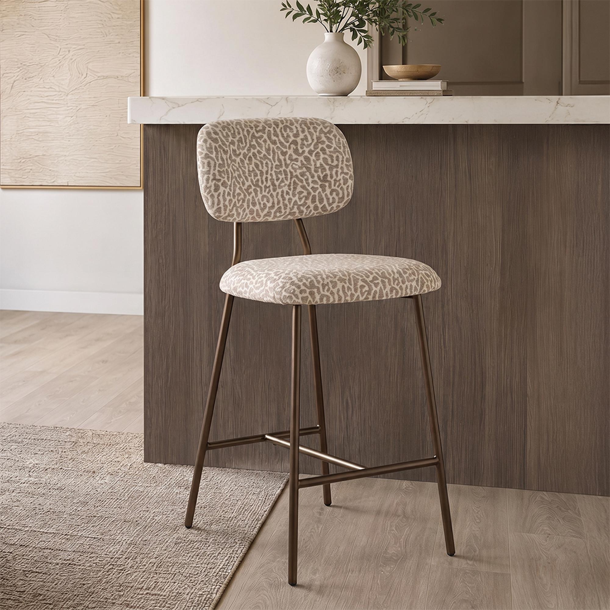 Xenia Counter Stool - Set of 2 - Leopard - Beige - Fabric and Metal