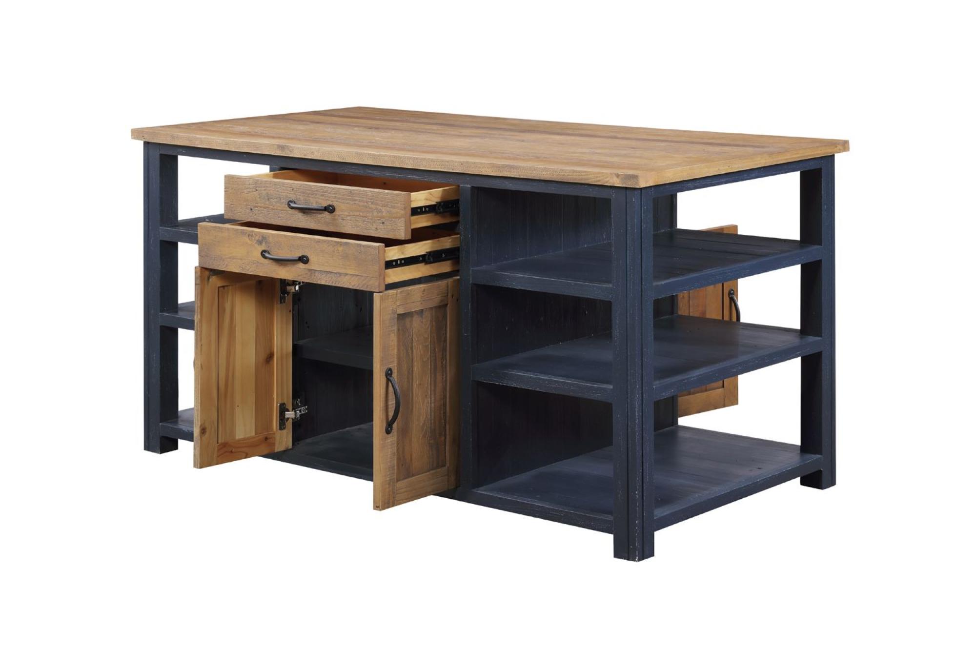Splash Blue Kitchen Island - Reclaimed Wood - 2 Door